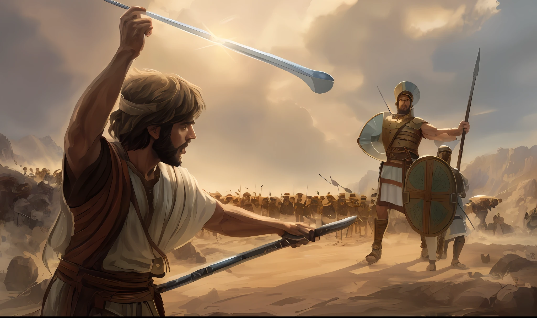 a painting of a man holding a rod and a shield in his hand, David and Goliath, painting of Goliath, epic biblical depiction, colorful epic illustration, leading a battle, holding a spear, leading Spartans into battle, by Jason Felix, wielding a spear, game illustration, biblical illustration, by Krzysztof Boguszewski, (intricate details: 1.2, perfect features: 1.2, dramatic: 1.2, cinematic lighting: 1.3, accent lighting: 1.1) SSAA smooth rendering, no noise, testp-air 2-3 video, (without lary prompts: 0.8)"