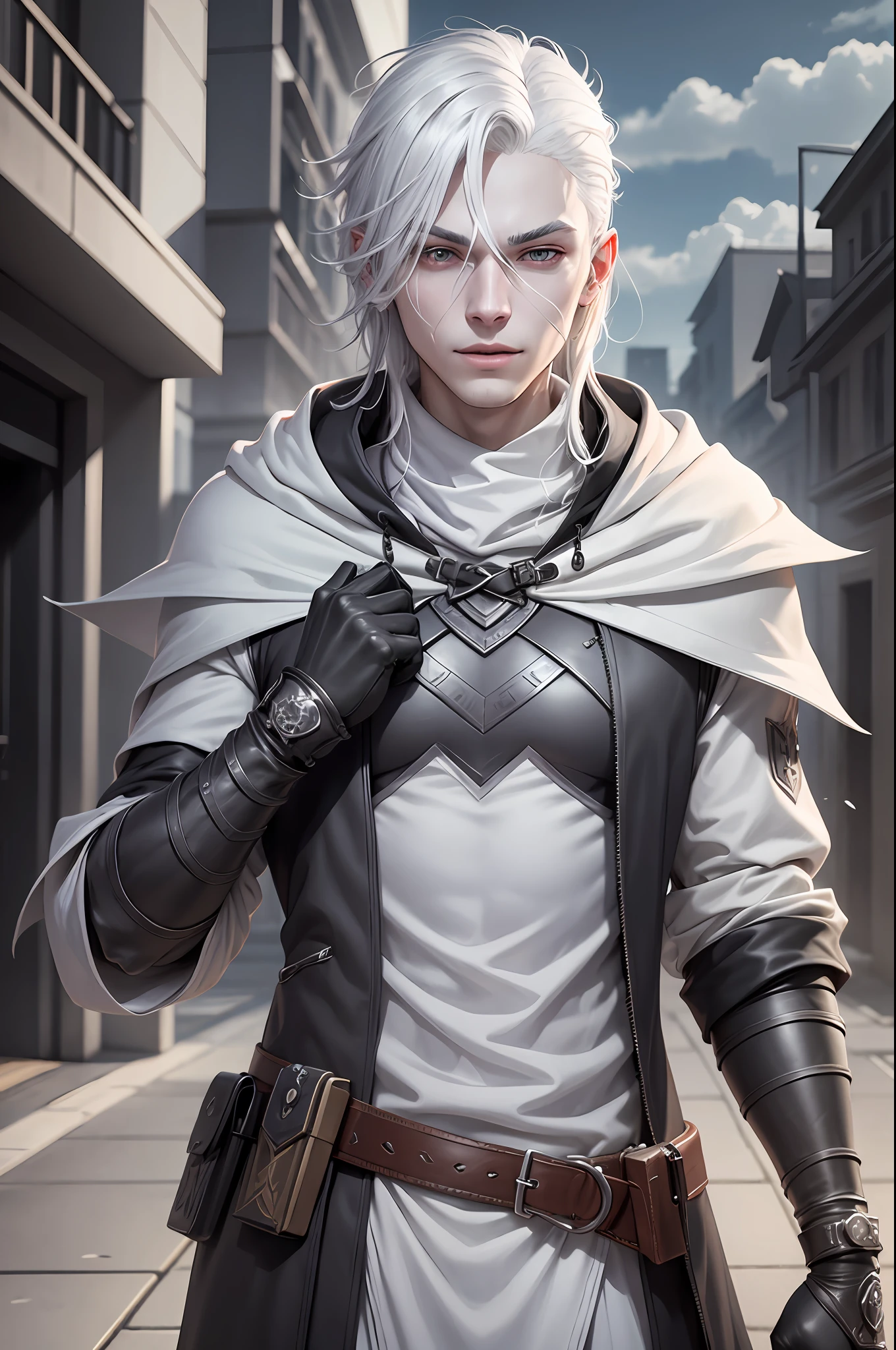 Teenager, happy, happy, gray skin, pale, white hair, gray, (8k), realistic trait, (2d), 3d model, dark clothes, male, drow man, duel, Kor