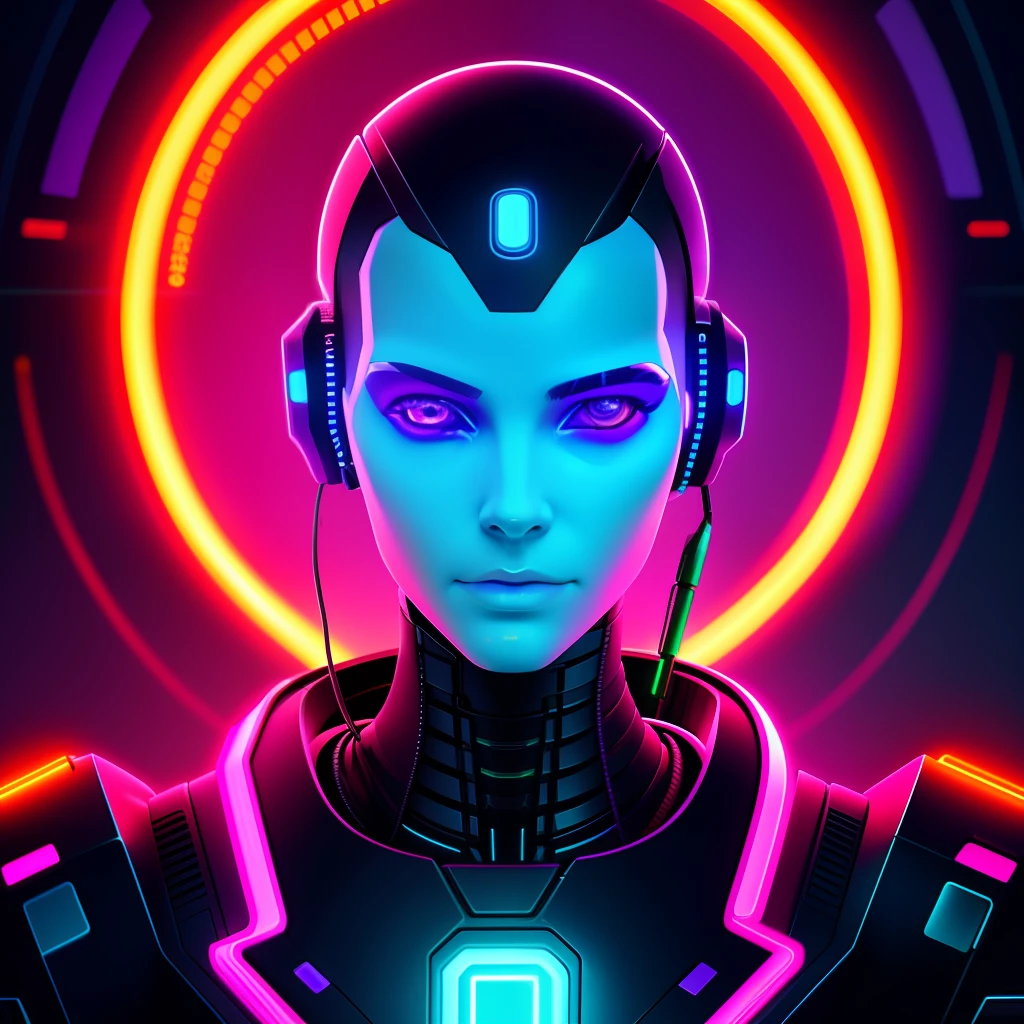 a close up of a robot statue looking to dthe camera,with a neon background, cyberpunk art inspired by Mike Winkelmann, trending on cgsociety, digital art, cyberpunk vibrant colors, retrofuturistic female android, cyberpunk futuristic neon, cyberpunk robot, neon cyberpunk vibrant colors, neon scales and cyborg tech, cybernetic glowing, bright cyberpunk glow, cyberpunk vibes, cyberpunk art style
