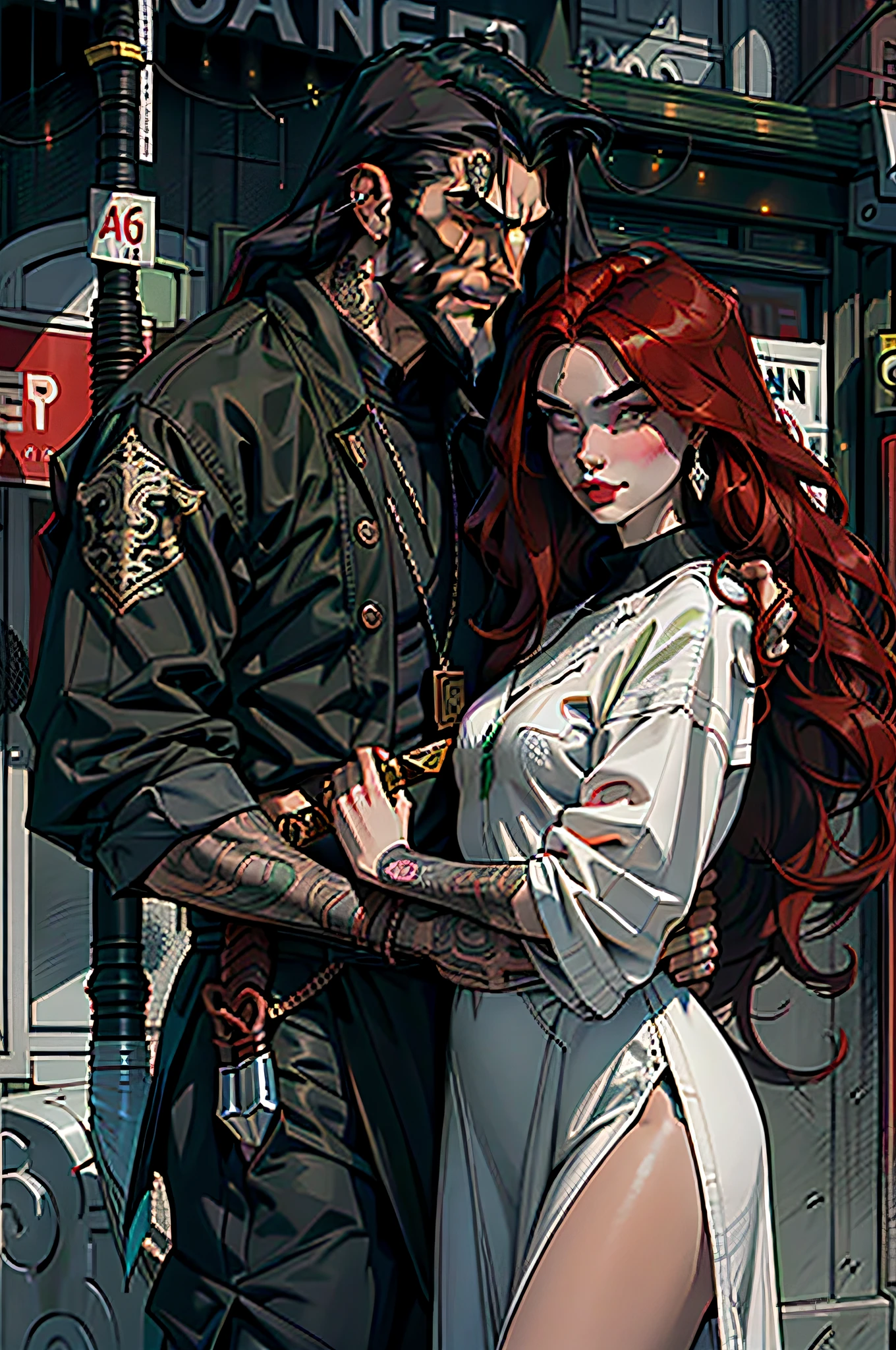Long black hair and long beard man with brown eyes and pale fair skin, long red hair woman with green eyes and pale fair skin, elegant black clothes, piercing, edge weapons, knife, sword, city, city street, couple, couple