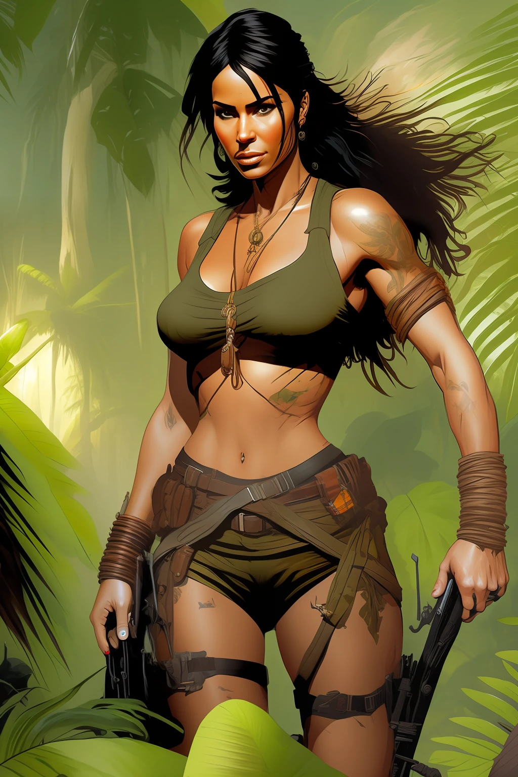 Lara Croft in the jungle, realistic, full body, estilo Frank Frazetta, detail intricate, 32 k, --auto --s2