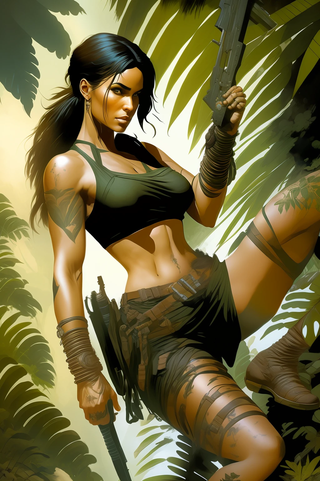 Lara Croft in the jungle, realistic, full body, estilo Frank Frazetta, detail intricate, 32 k, --auto --s2