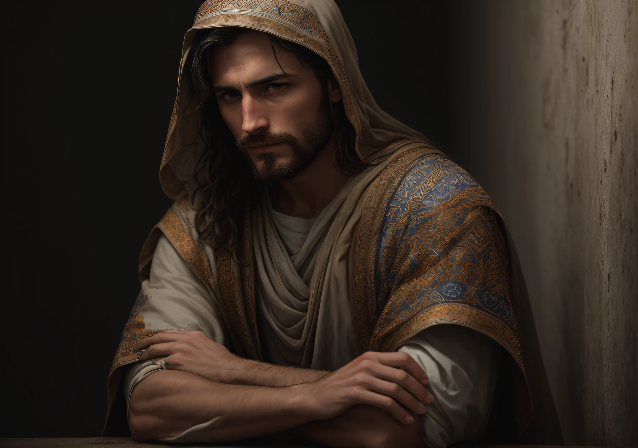 JESUS CHRIST EPIC PHOTO: realistic, smooth cinematic portrait, detailed editing in Adobe Lightroom, photo lab, highly detailed, gently faded, (neutral colors: 1.2), (hdr: 1.4), (soft colors: 1.2), hyperdetailed, (artstation: 1.4), cinematic atmosphere, warm lights, dramatic lighting, (intricate details: 1.1), elaborate background, (rutkowski: 0.66), (blue and orange: 0.4