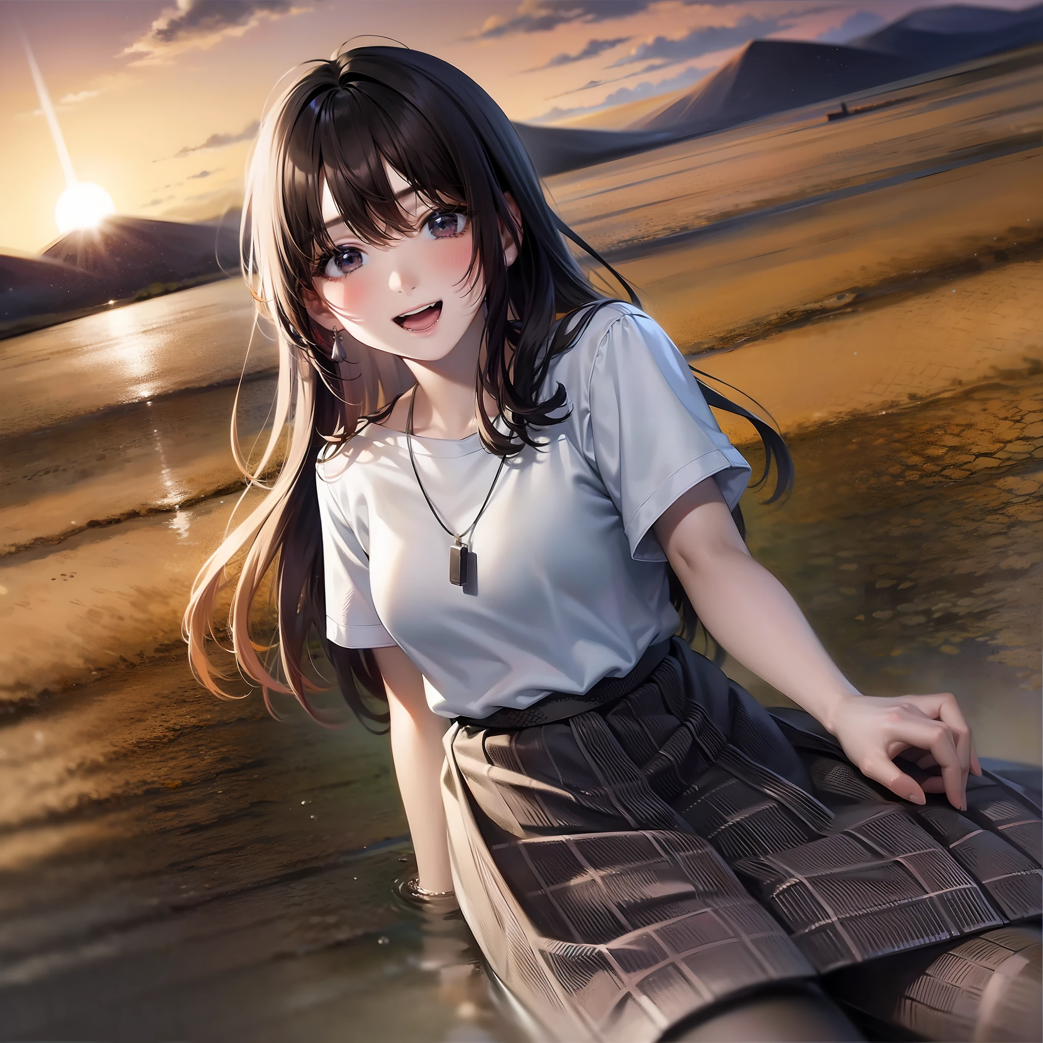 top quality, masterpiece, 1 woman, solo, 20 years old, (close eyes: 1.4), laugh with open mouth, looking at the camera, long hair with a yellow sheen, white short-sleeved uniform, black loafers, argyle check skirt, blushing, hanging eyes, evening, a lot of rice fields, a big sunset, an orange view, a small necklace,
