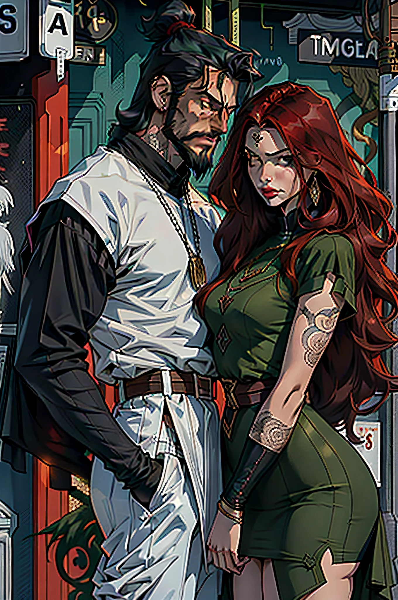 Long black hair and long beard man with brown eyes and pale fair skin, long red hair woman with green eyes and pale fair skin, elegant black clothes, piercing, edge weapons, knife, sword, city, city street, couple, couple