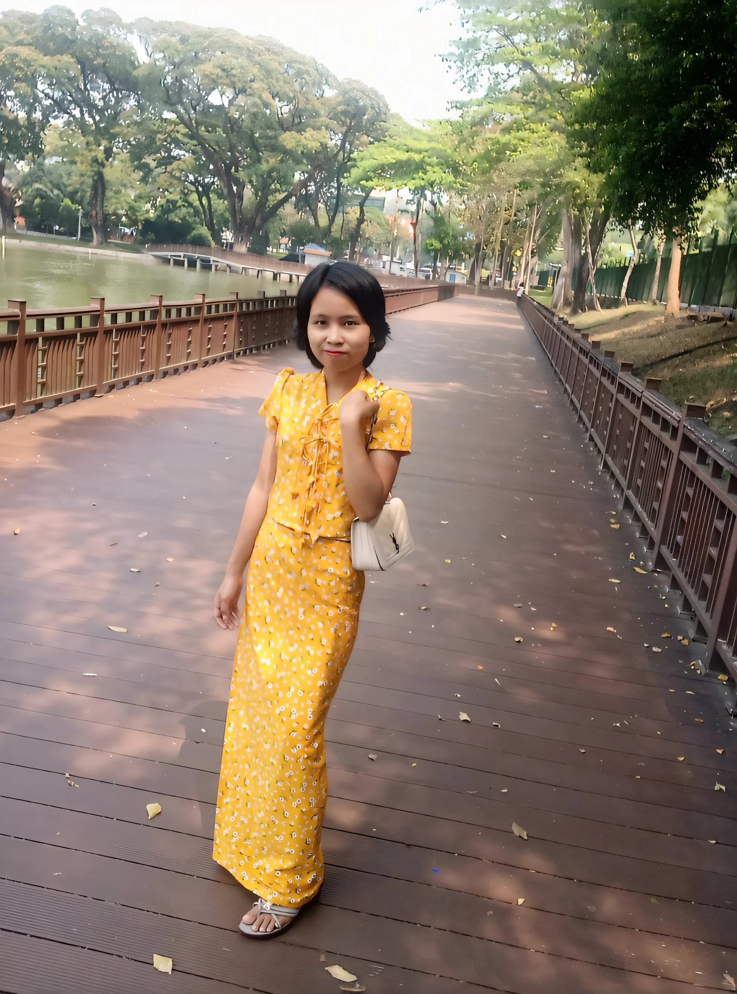 there is a woman standing on a bridge with a purse, in a city park, in a park, wearing a long flowery dress, at a park, nivanh chanthara, in the park, wearing a long dress, wearing a yellow dress, complex 3d render ultra detailed of a beautiful porcelain profile woman android face, cyborg, robotic parts, 150 mm, beautiful studio soft light, rim light, vibrant details, luxurious cyberpunk, lace, hyperrealistic, anatomical, facial muscles, cable electric wires, microchip, elegant, beautiful background, octane render, H. R. Giger style, 8k, best quality, masterpiece, illustration, an extremely delicate and beautiful, extremely detailed ,CG ,unity ,wallpaper, (realistic, photo-realistic:1.37),Amazing, finely detail, masterpiece,best quality,official art, extremely detailed CG unity 8k wallpaper, absurdres, incredibly absurdres, robot, silver halmet, full body style of thawan duchanee, with a park in the background, long dress