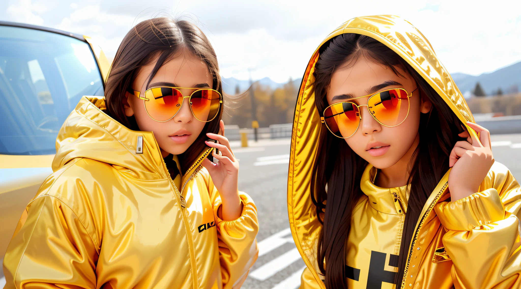girl 12 years old, in yellow jacket and sunglasses holding her hair, wearing mirrored sunglasses, with sunglasses, futuristic yellow lens, yellow glasses carrera, girl shooting action in parka, wearing golden glasses, wearing cool sunglasses, with sunglasses, reflective aviator sunglasses, bright yellow, girl in raincoat, wearing a yellow sweatshirt, with mirrorshades sunglasses