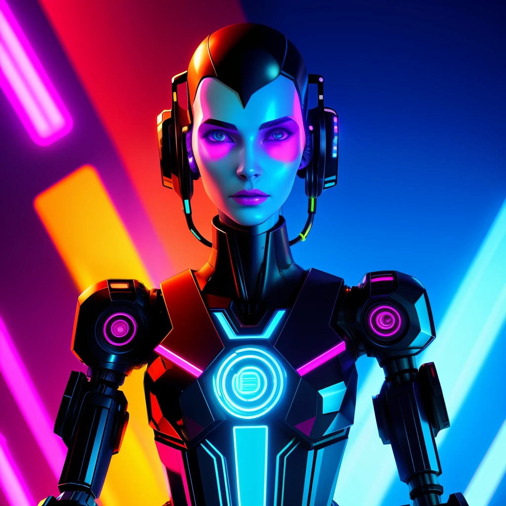 a close up of a robot statue looking to dthe camera,with a neon background, cyberpunk art inspired by Mike Winkelmann, trending on cgsociety, digital art, cyberpunk vibrant colors, retrofuturistic female android, cyberpunk futuristic neon, cyberpunk robot, neon cyberpunk vibrant colors, neon scales and cyborg tech, cybernetic glowing, bright cyberpunk glow, cyberpunk vibes, cyberpunk art style
