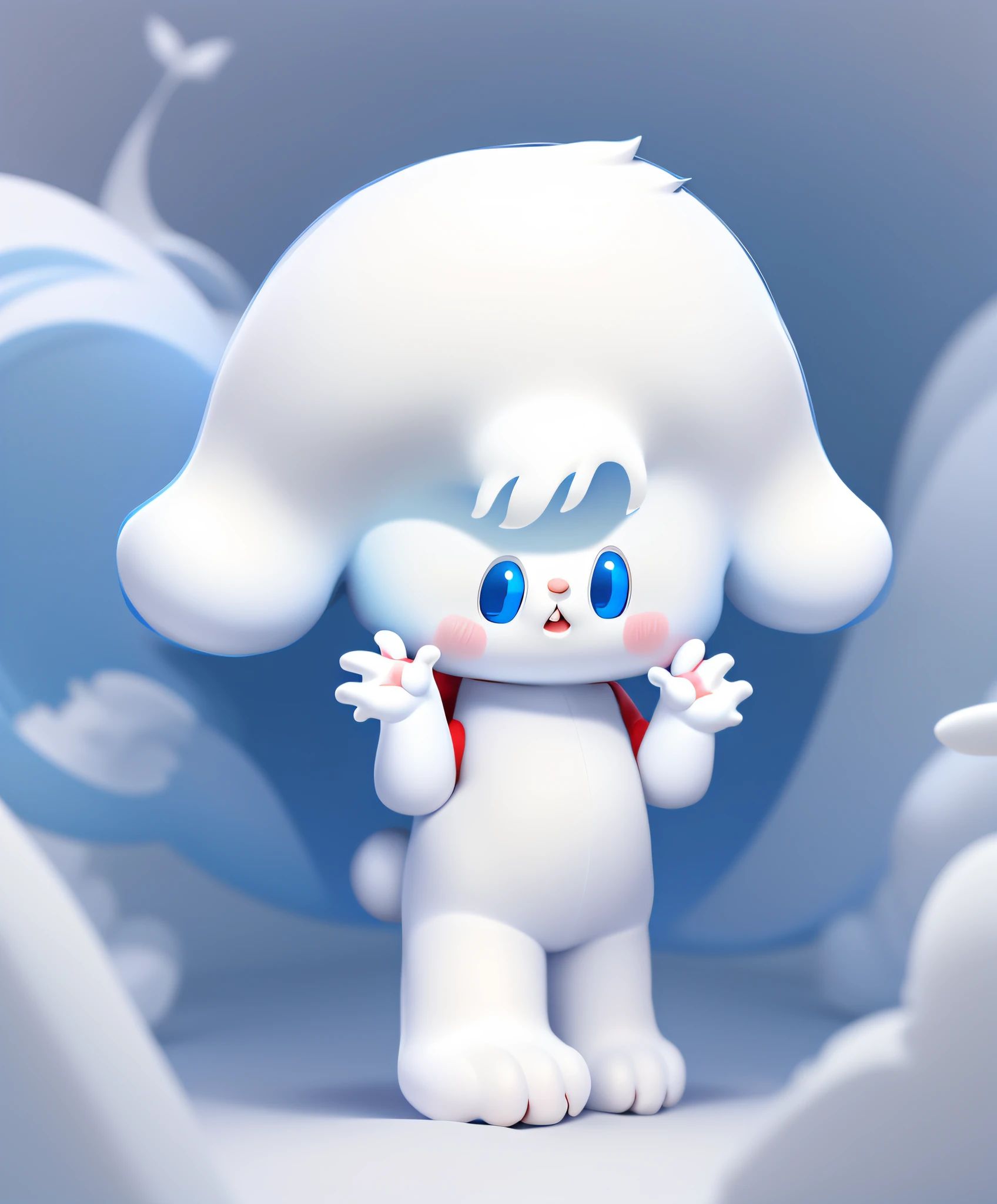 Blue eyes, red nose, pure white body, pure white tail, pure white hands, pure white hair, puppy, concentrated facial features, bangs on the eyes, hands open, small round tail, big ears, cute, pure white background, standing posture,