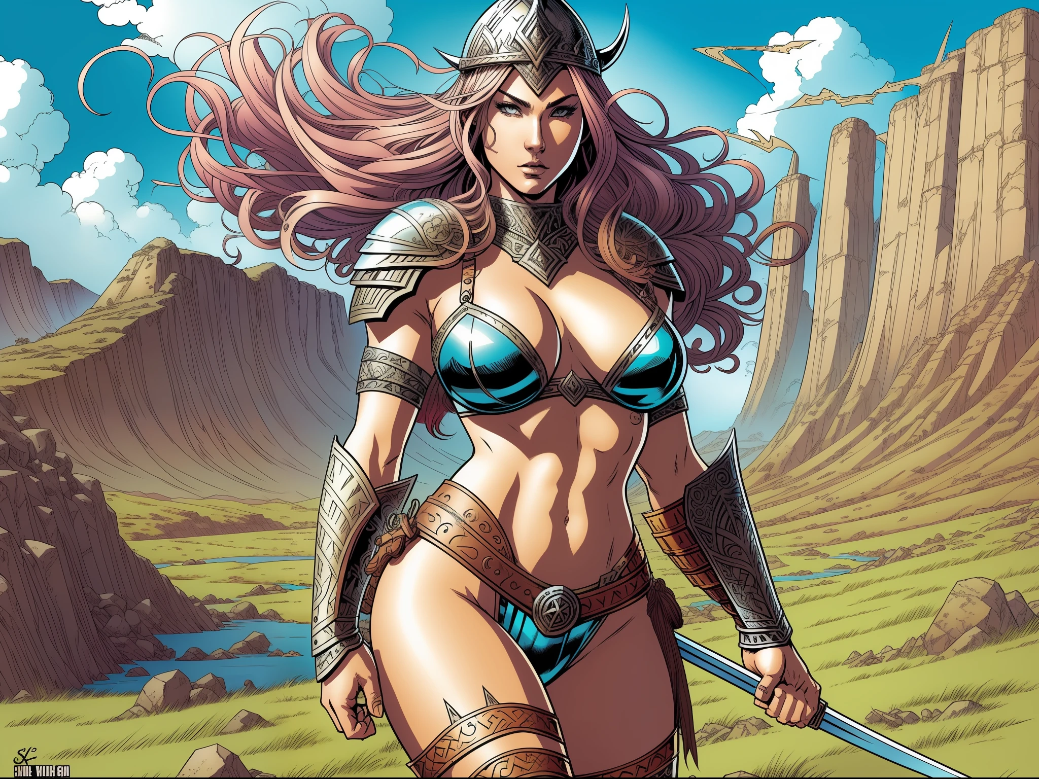 realistic comic style, Viking warrior woman, sexy armor, glasshour body, full body, comic strip line illustration art, fine lines are obviously tough, brushstrokes are complex and changeable, bold and colorful colors, background is a group of Vikings supporting her, art by Kim Jung Gi,