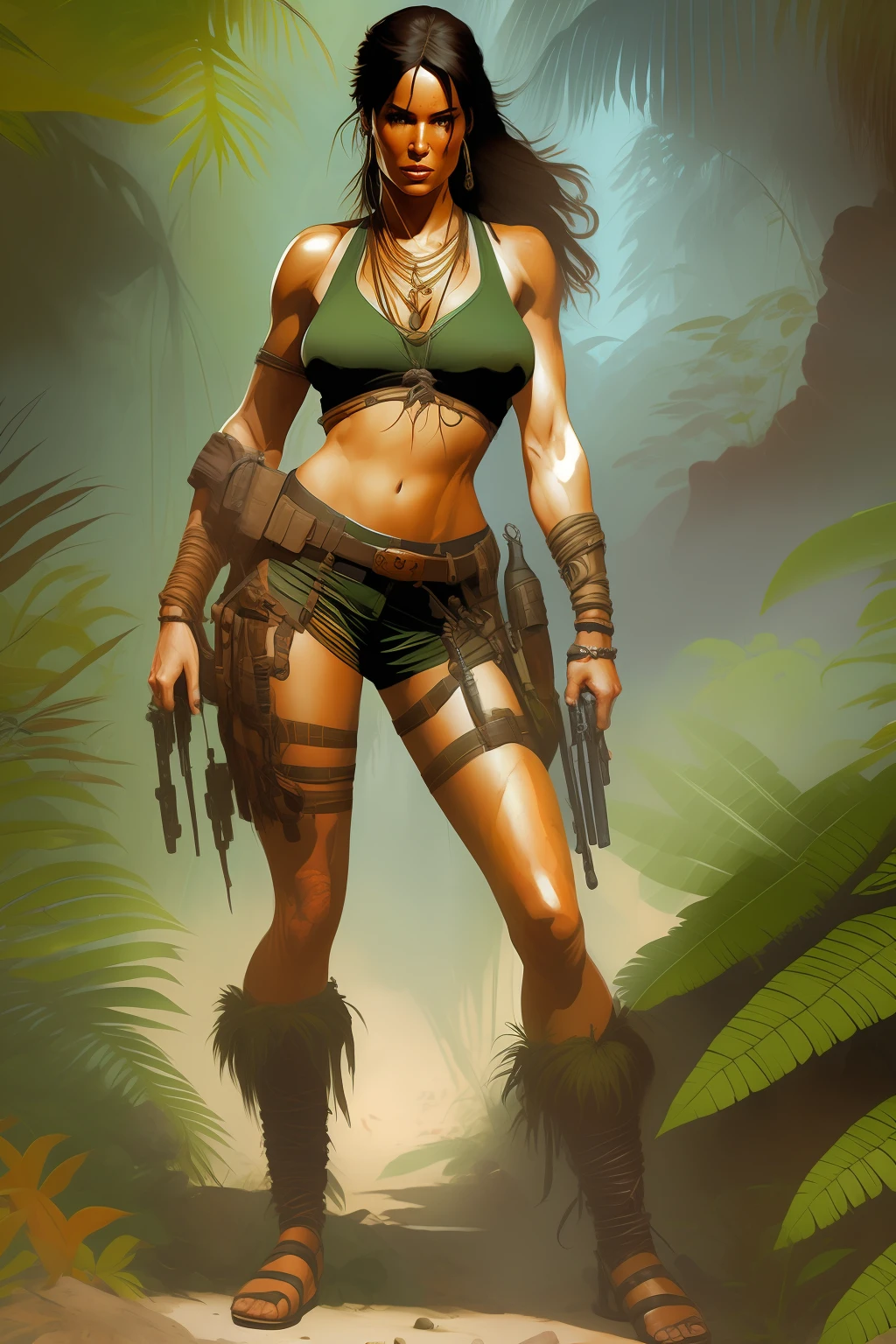 Lara Croft in the jungle, realistic, full body, estilo Frank Frazetta, detail intricate, 32 k, --auto --s2