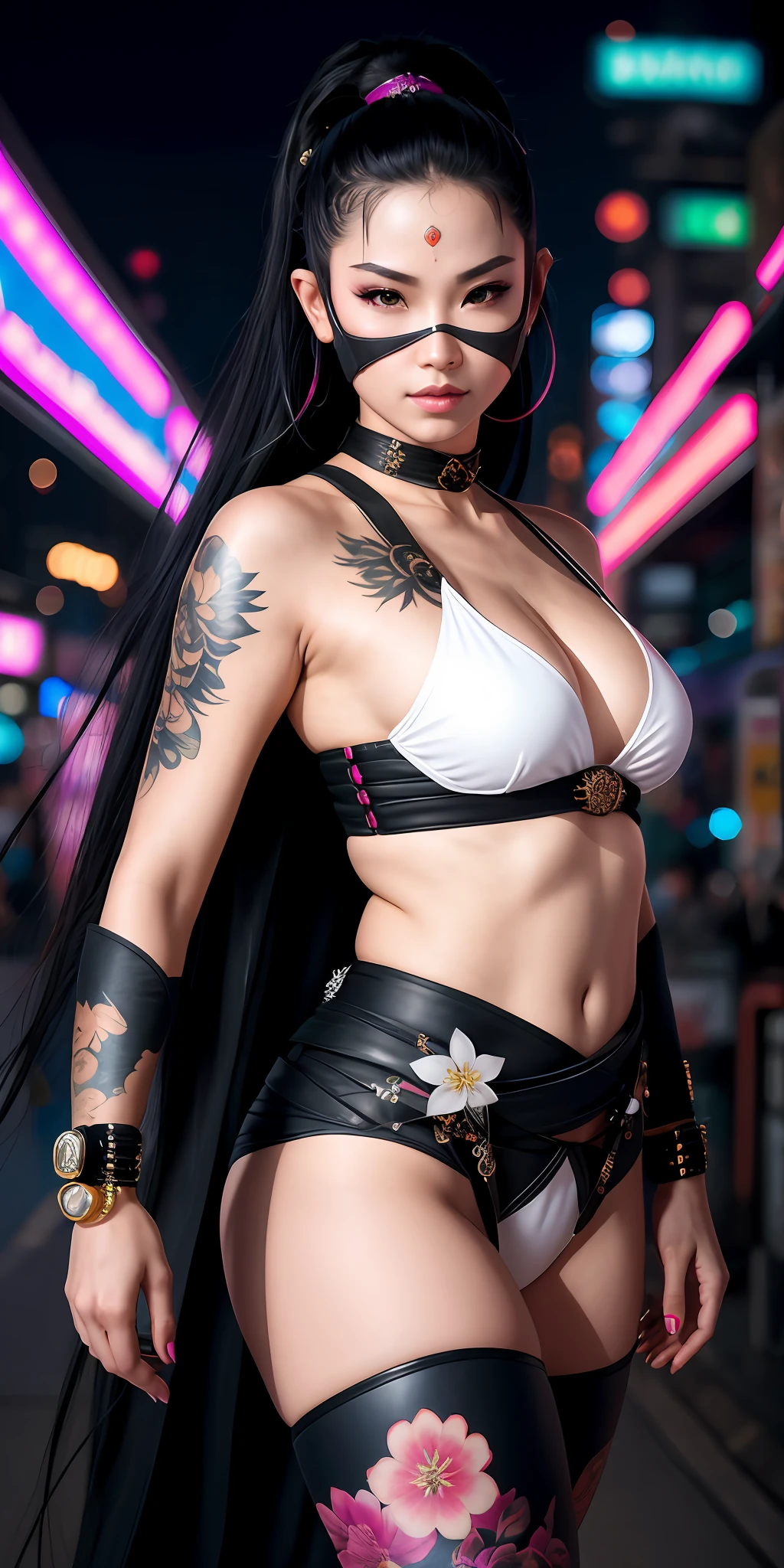 Beautiful young and sweet queen of cyberpunk ninja, woman, hot, with flowing hair, hyper realistic, masterpiece, (best image) wearing rings and bracelets with jewels, wearing a short white black kimono with white flowers drawn, is facing her, showing bright neon tattoos, walking looking at the camera (face and ultra detailed body) giving a sexy smile walking in cyberpunk Japan, (Ninja), (face mask ninja), small sword, angry