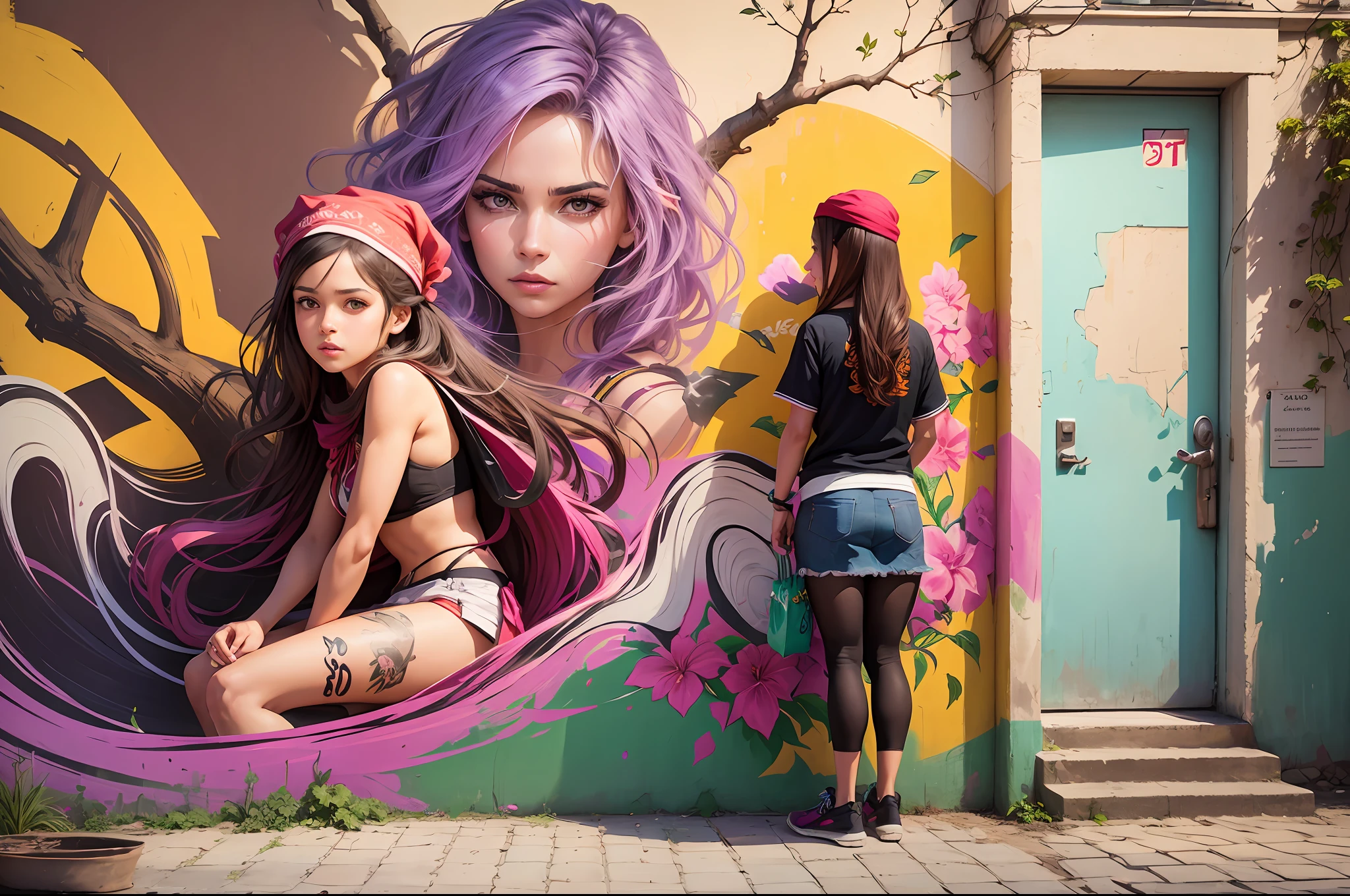 Mural, wall painting, graffiti on a wall. Behind and above the wall, there are bougainvillea plants, with some branches resting and hanging on the wall. Graffiti mural with Brazilian women with bandanas. Happy palette of colours. The bougainvillaeas branches are placed right up of the bandanas of the women painted on the wall, the branches look like their hair. A girl is on the street looking at the mural. Scene illuminated by natural light. Realistic raytraicing, photography, 3d. --auto --s2