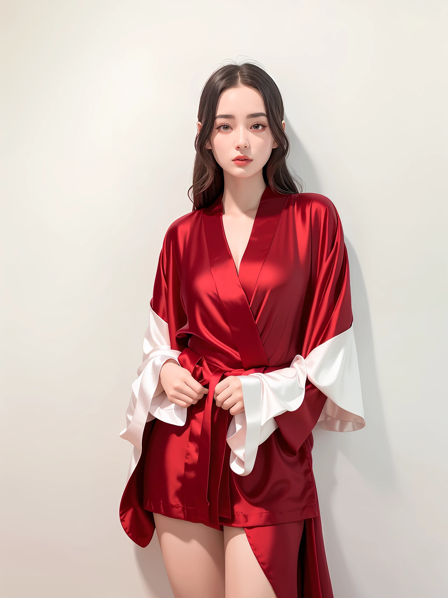 Close-up of a woman in a red robe and shorts, silk robes, dressed in luxurious silk robes, evening gown robes, wearing silver silk robes, red robes, dark silk robes, smooth robes, satin, red robes, simple robes, flowing robes, pajamas, robes, open V corsets, only red robes --auto --s2