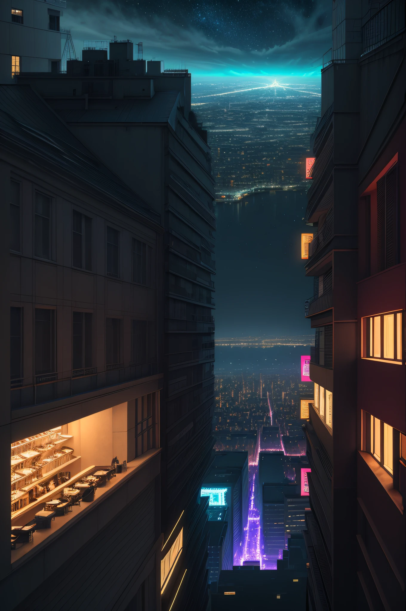 (best quality, masterpiece), dark humor, city, night, neon, strange wolrd, galaxy, sky, terrace view