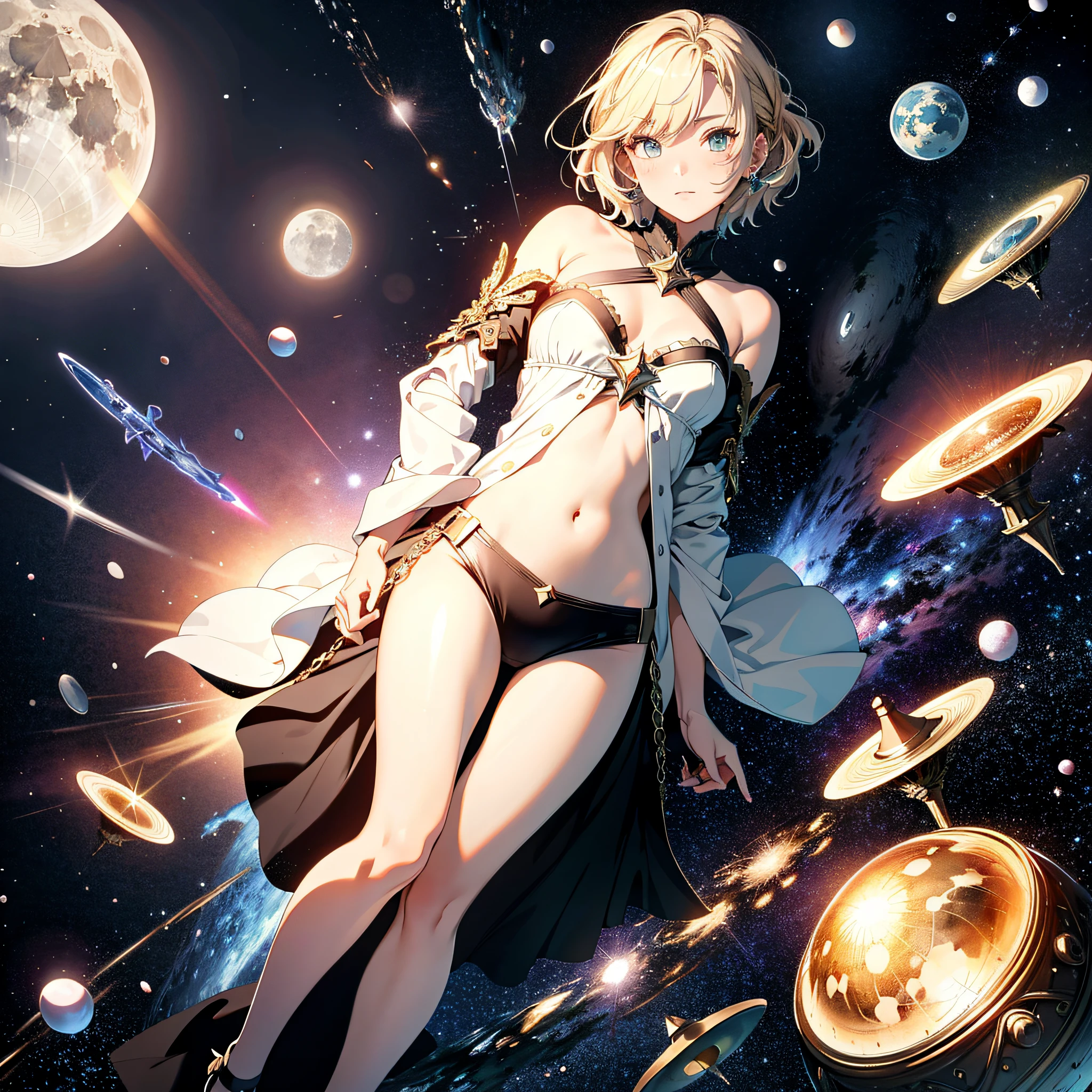 Absurd resolution, high resolution, (masterpiece: 1.4), super detailed, girl one, from above, earth, moon, space, floating, blonde, petite, short hair, spell,