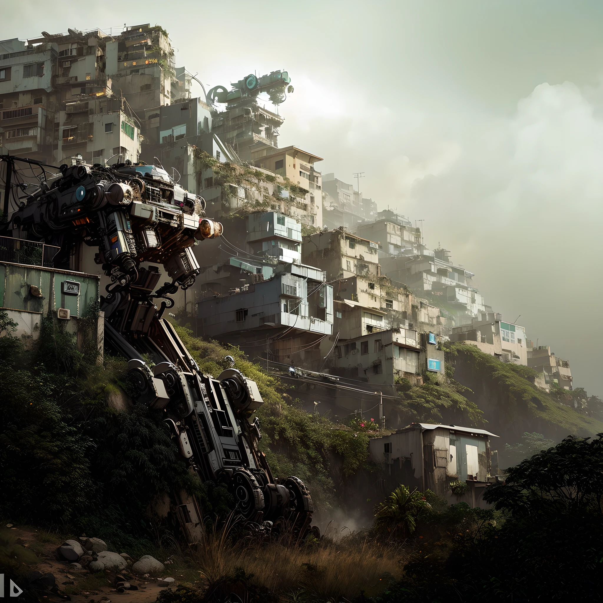 There is a giant old robot discarded in a favela of the carioca hill, sci-fi favela sculpture, highly realistic concept art, stunning photo real concept art, futuristic urban of favela mountain, Neil Blomkamp's movie landscape, futuristic favela, robot city ruins, beautiful 3D concept art, 3D rendering and matte painting, stunning sci-fi concept art, Stunning matte paint