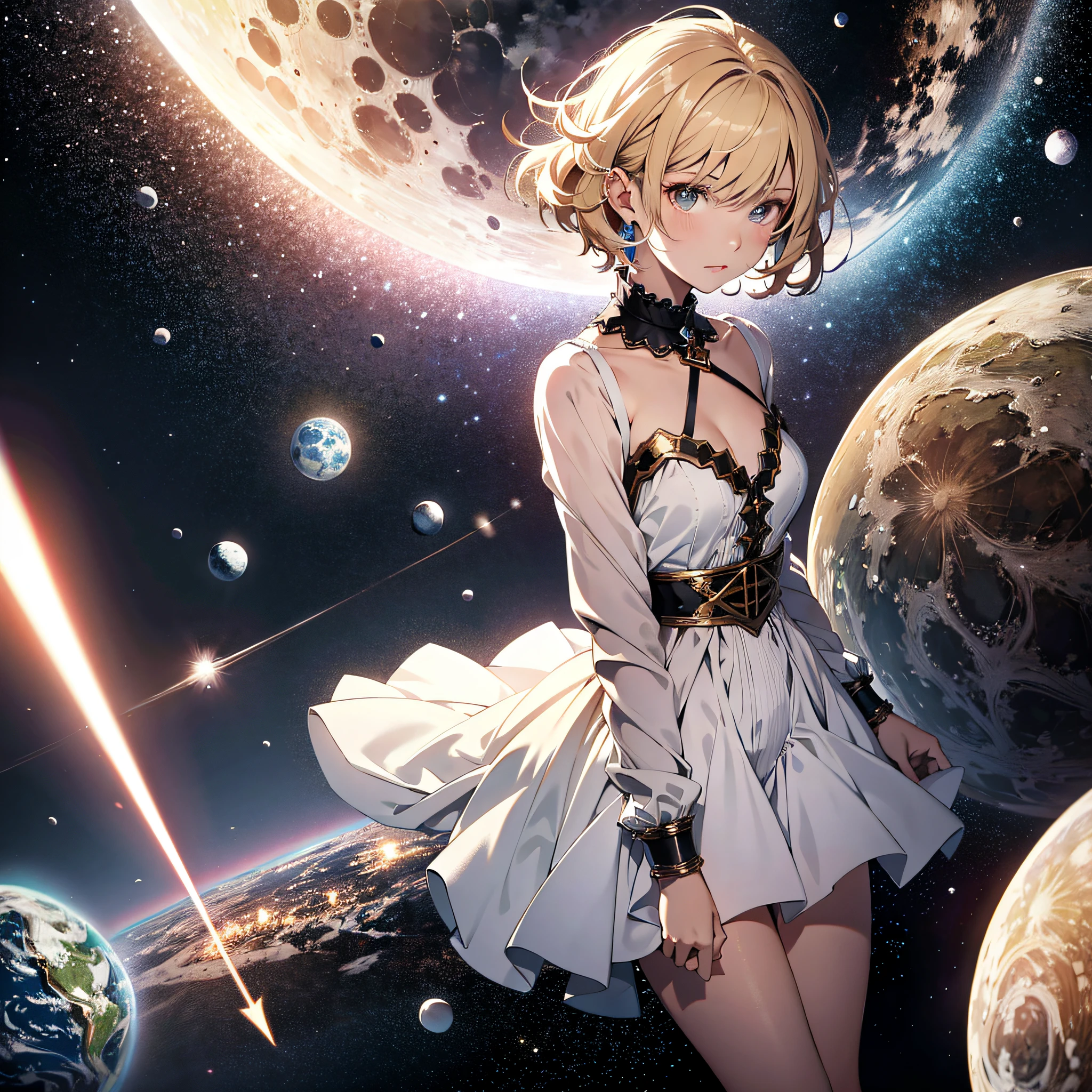Absurd resolution, high resolution, (masterpiece: 1.4), super detailed, girl one, from above, earth, moon, space, floating, blonde, petite, short hair, spell,