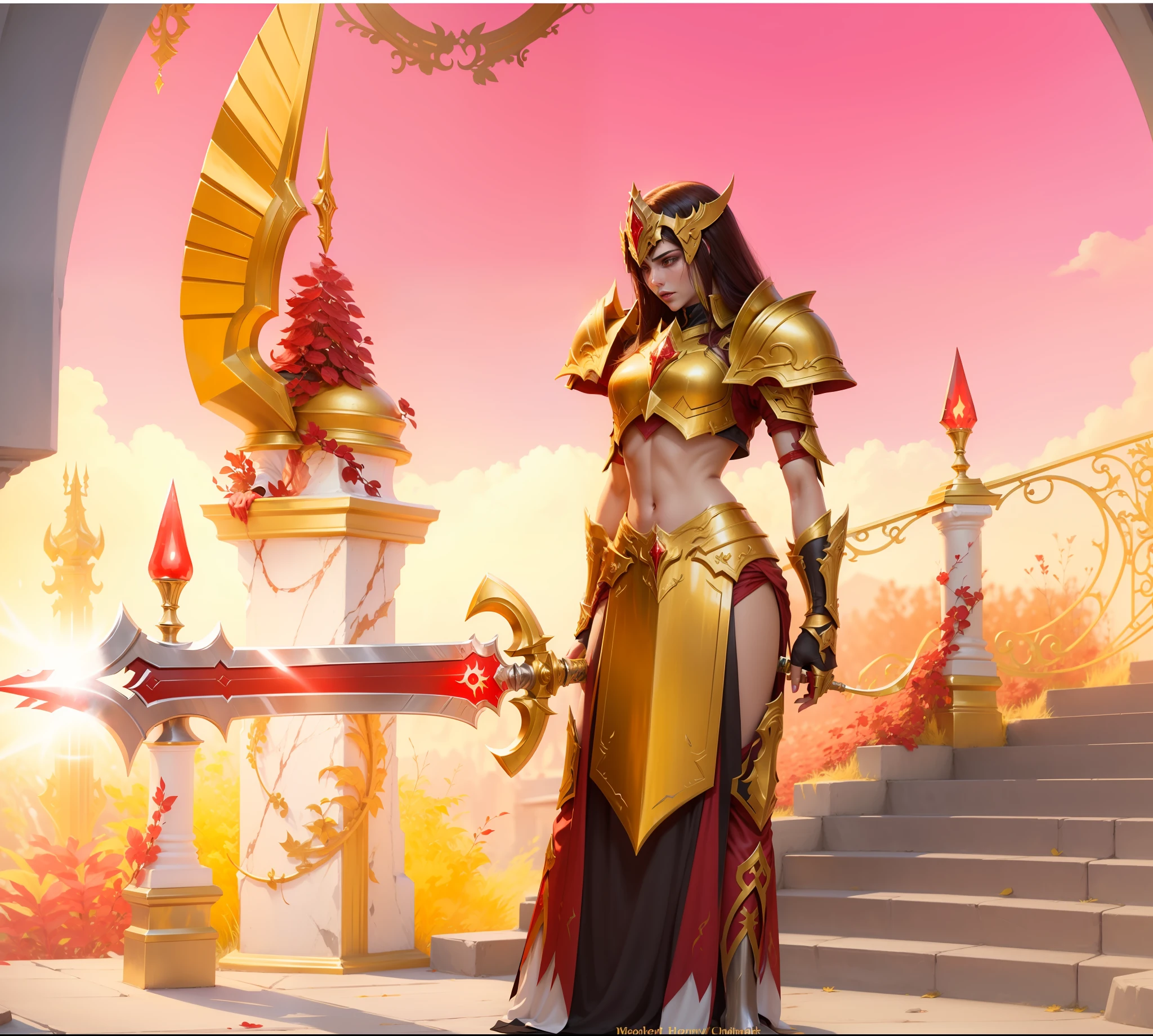 blood elf, realistic, golden helmet, helmet details red and black, golden armor, armor details red, big sword, golden sword details red, sword glows, --auto --s2