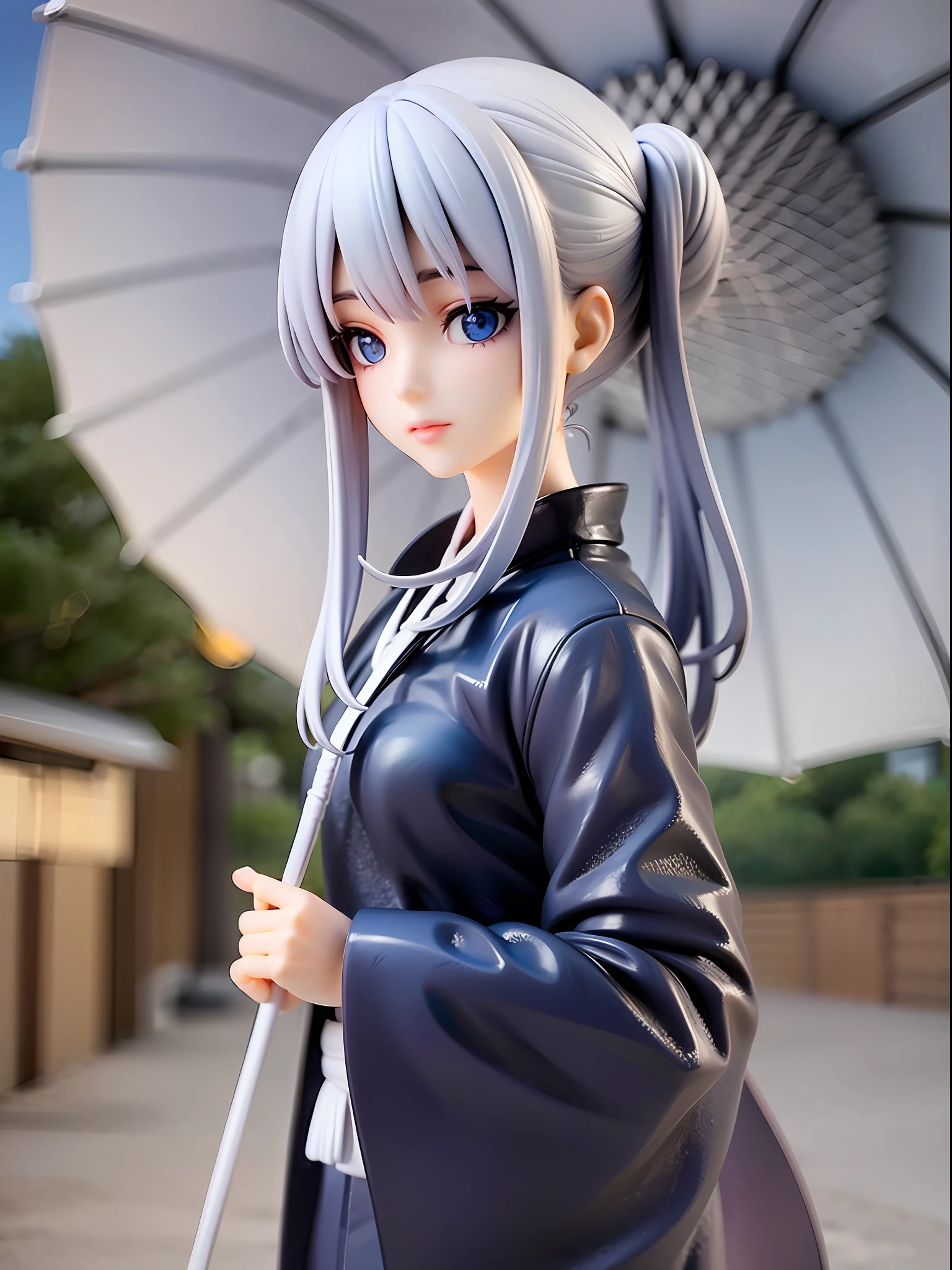 1girl, bright shining deep blue eyes, melancholic expression, white hair with dark blue tips, dark blue kimono, upper body, under a cloudy sky, standing on a cobblestone path, looking afar, holding a traditional Japanese umbrella, outdoor background, [realistic], [3d], (8k, RAW photo, best quality, masterpiece:1.2), ultra high res, photo realistic, professional lighting, detailed lighting, professional photography, high quality, high res, extremely detailed, bloom, depth of field, sketch, sharp focus, soft lighting, detailed, detailed skin, to8contrast style.