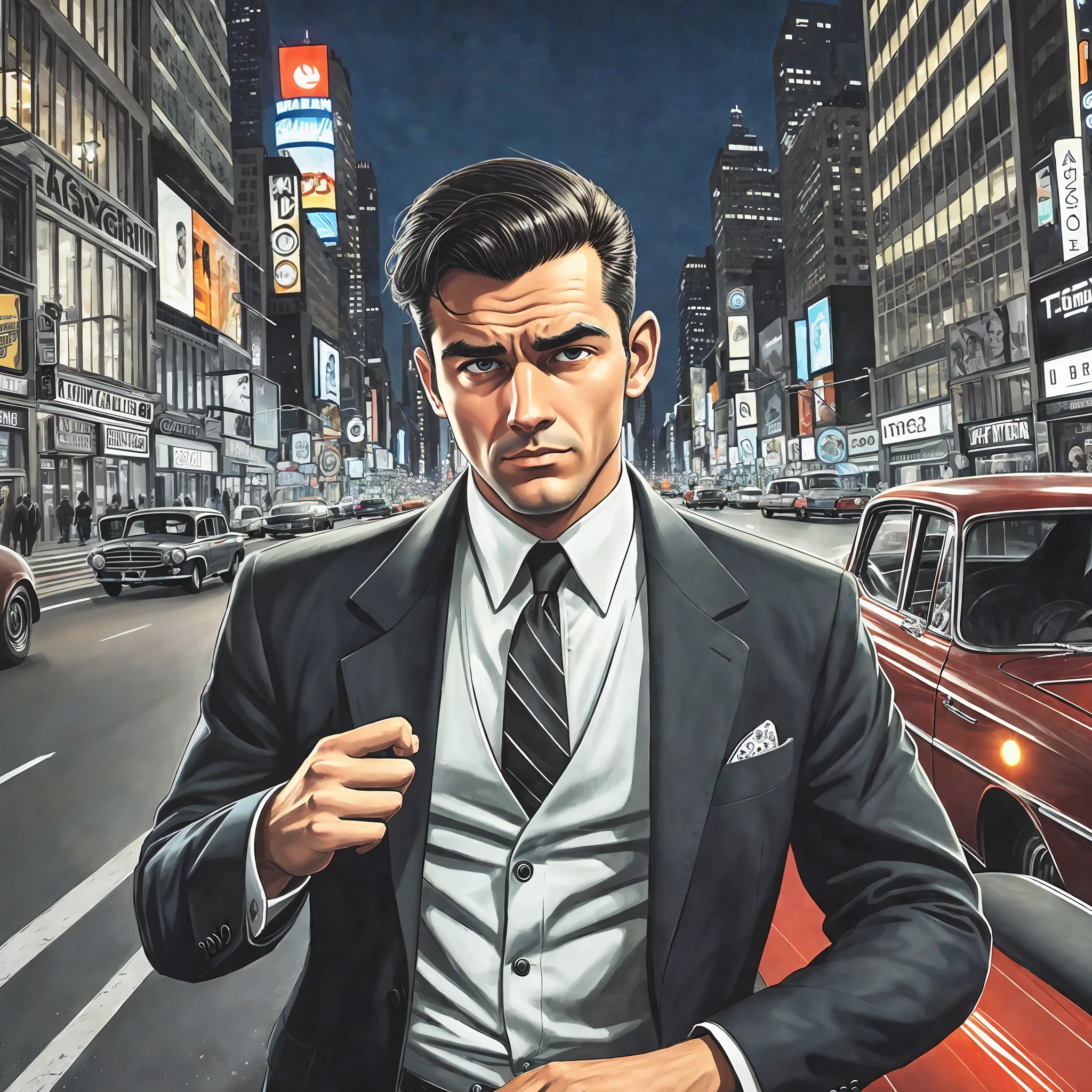 Gangster style man in the 60s in a car in the middle of New York City at night --auto --s2