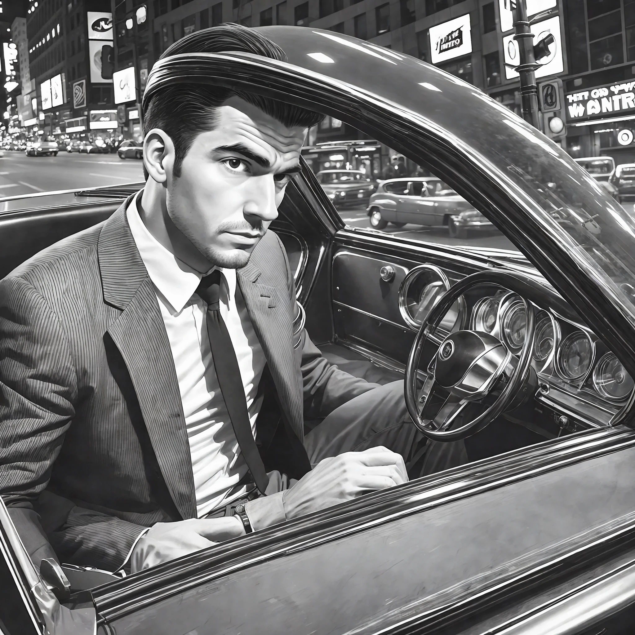 Gangster style man in the 60s in a car in the middle of New York City at night --auto --s2
