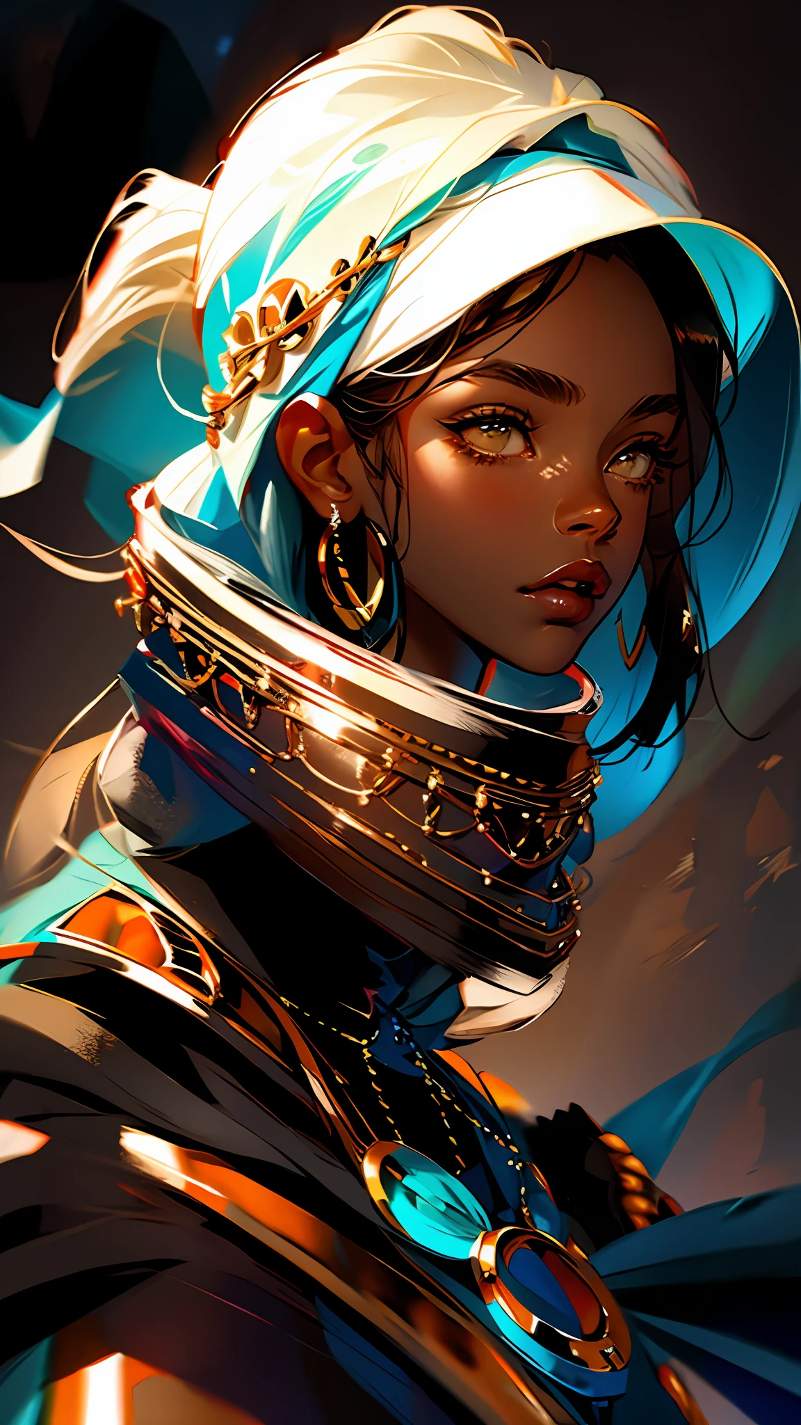 (Whole body shot), a close up of a woman with a white head scarf and a necklace, brown skin. light makeup, with brown skin, adut akech, brown skinned, dark-skinned, dark skin, dark skinned, dark complexion, dark brown skin, dark skin tone, brown skin, light-brown skin, high quality portrait, very dark brown skin!, beautiful portrait