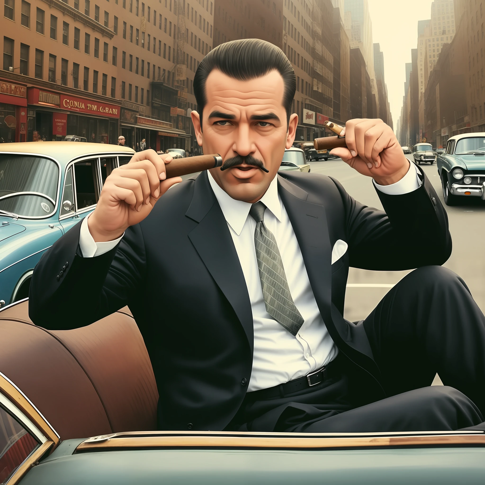 Middle-aged gangster-style man in the 60s with cigar in his mouth inside an old car in the middle of New York City --auto --s2