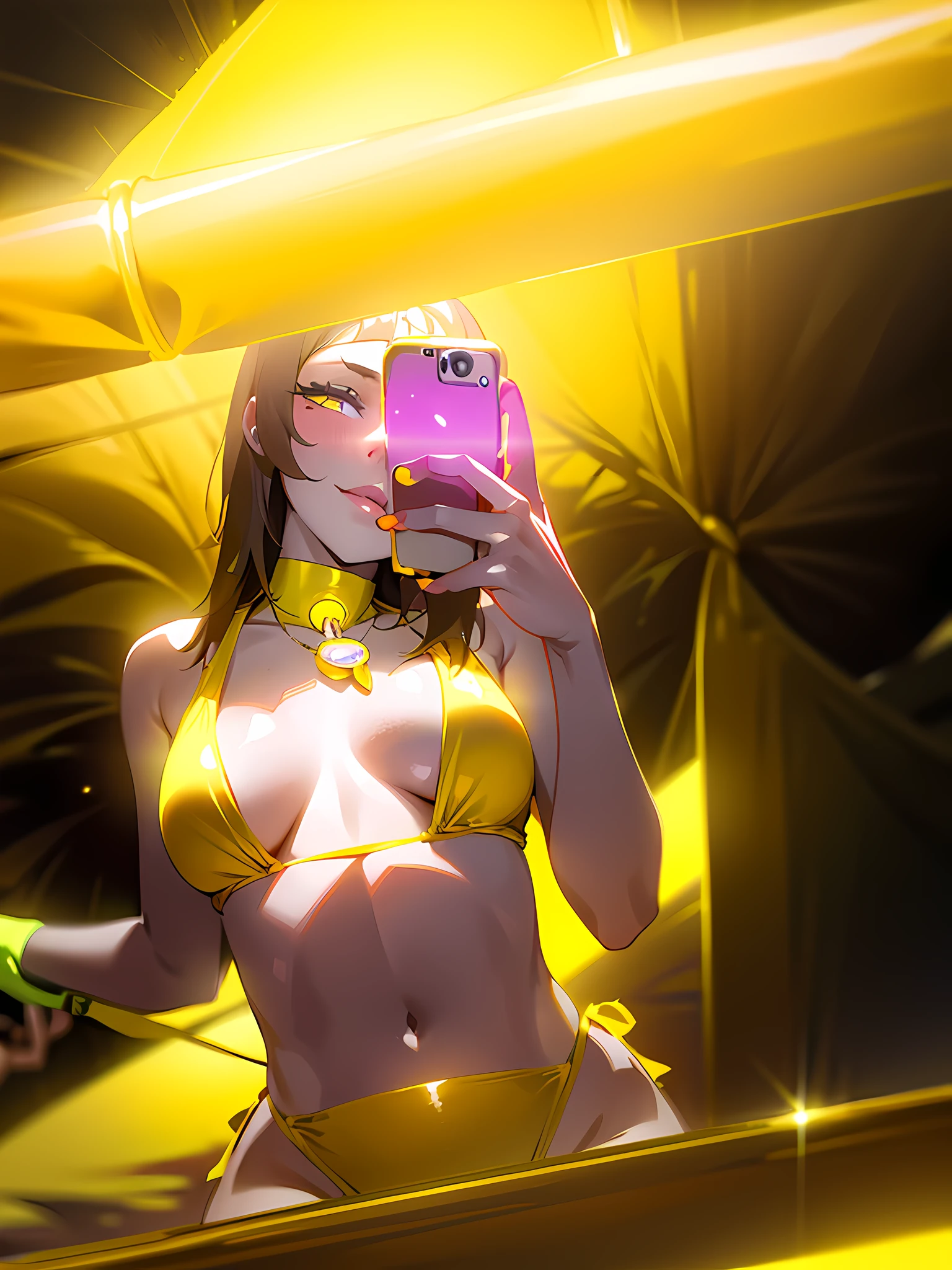araffe woman in a yellow bikini taking a selfie in a mirror, in yellow bikini, in a yellow bikini, violet myers, wearing pearl neon bikini, 2 4 year old female model, 1614572159, 21 years old, glowy, 2 , yellow lighting from right, 2 3 years old
