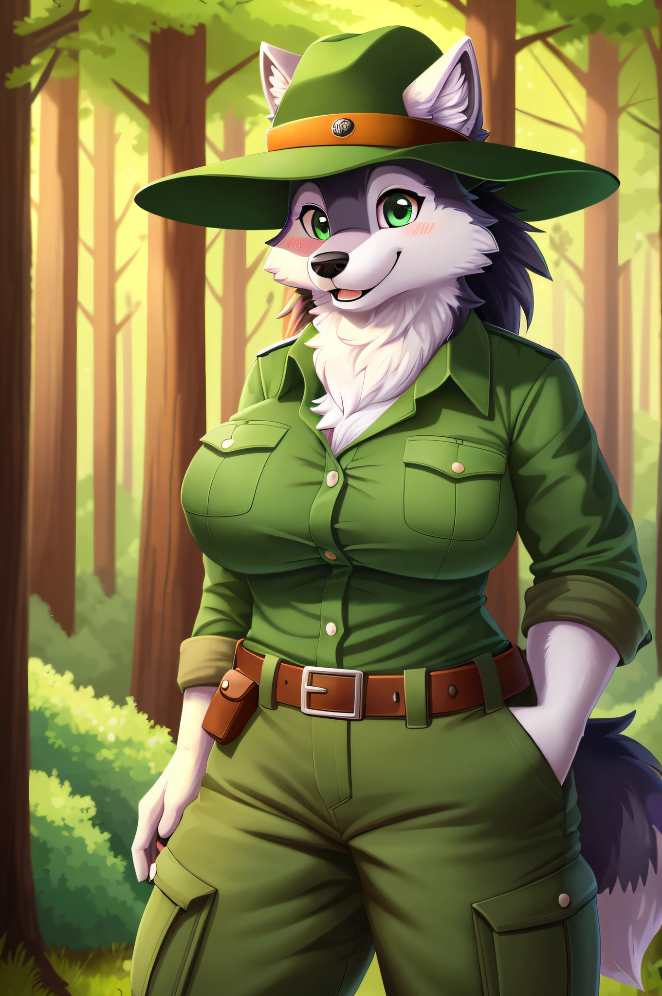 Female, solo, wolf, fluffly, furry, (average breasts), (curvy), (green button shirt), (forester hat), (cargo pants), (belt with pouches), forest background, accurate tail, slight blush, mature, smiling, happy, beautiful, highly detailed, high resolution, detailed eyes, detailed hands, detailed background, masterpiece