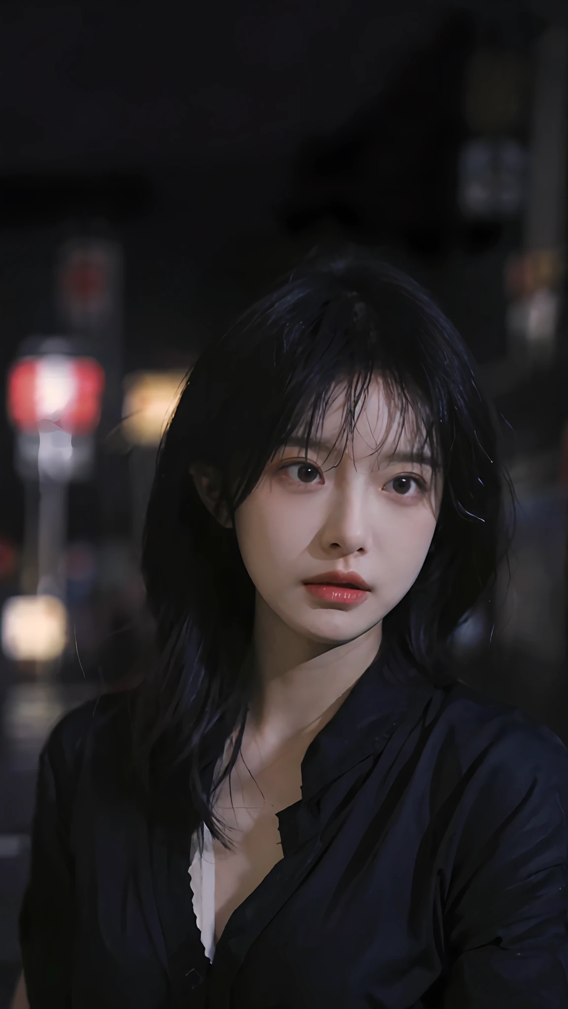 Best Quality, Masterpiece, Ultra High Resolution, (Realistic:1.4), Original Photo, 1girl, In the Dark, Deep Shadow, Low Key, Cold Light, Close Up, On a Japanese Street, Night, Rainy Night, Japanese Street, Neon Illumination Background, Black Shirt,large breast