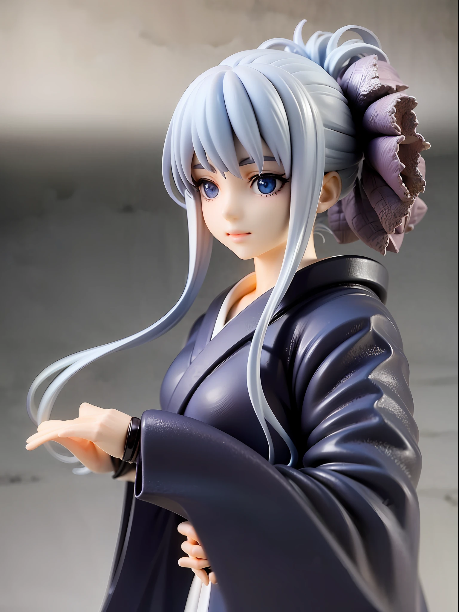 1girl, bright shining deep blue eyes, melancholic expression, white hair with dark blue tips, dark blue kimono, upper body, under a cloudy sky, standing on a cobblestone path, looking afar, holding a traditional Japanese umbrella, outdoor background, [realistic], [3d], (8k, RAW photo, best quality, masterpiece:1.2), ultra high res, photo realistic, professional lighting, detailed lighting, professional photography, high quality, high res, extremely detailed, bloom, depth of field, sketch, sharp focus, soft lighting, detailed, detailed skin, to8contrast style.
