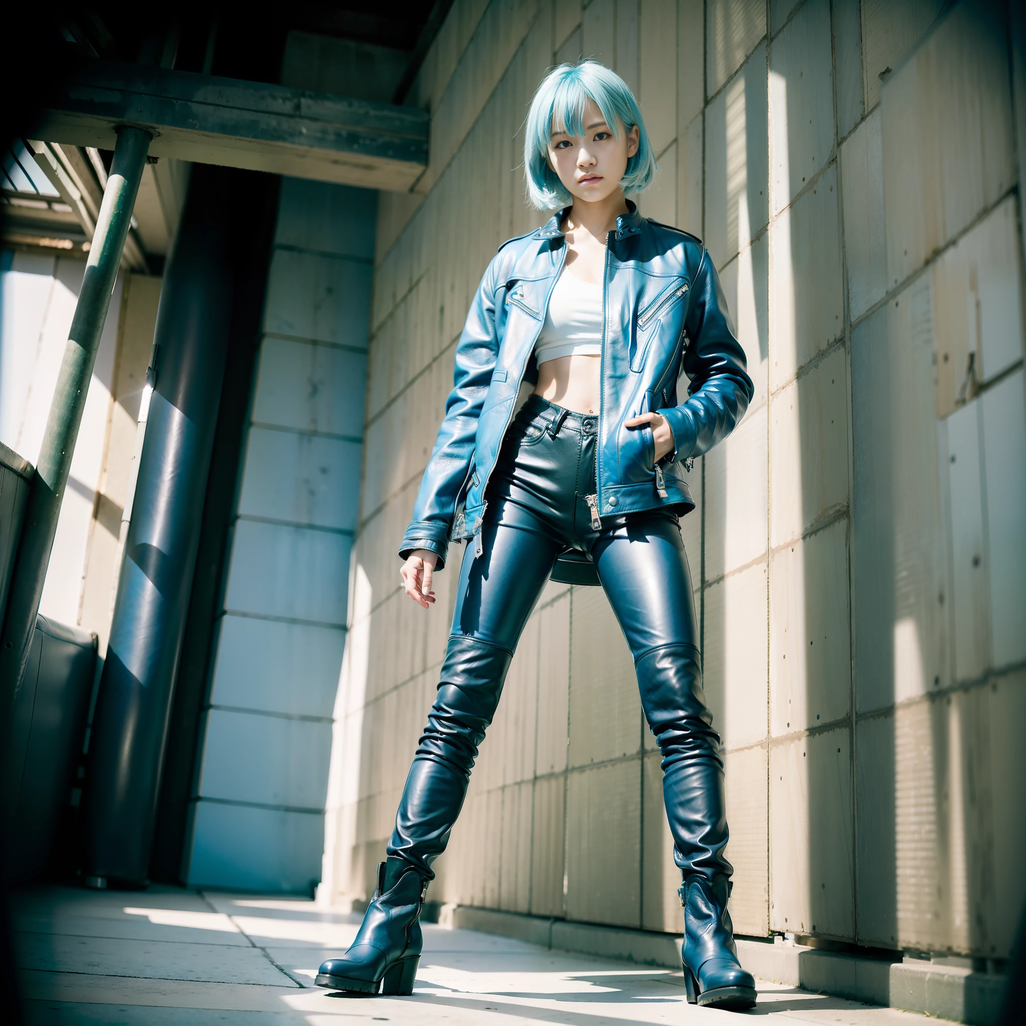 Japan Female, 18 years old, looking at the camera Erotic Portrait Boyish Wild Cool Light Blue Riders Jacket Leather Pants Leather Boots 180cm F Cup Light Blue Hair Short Bob