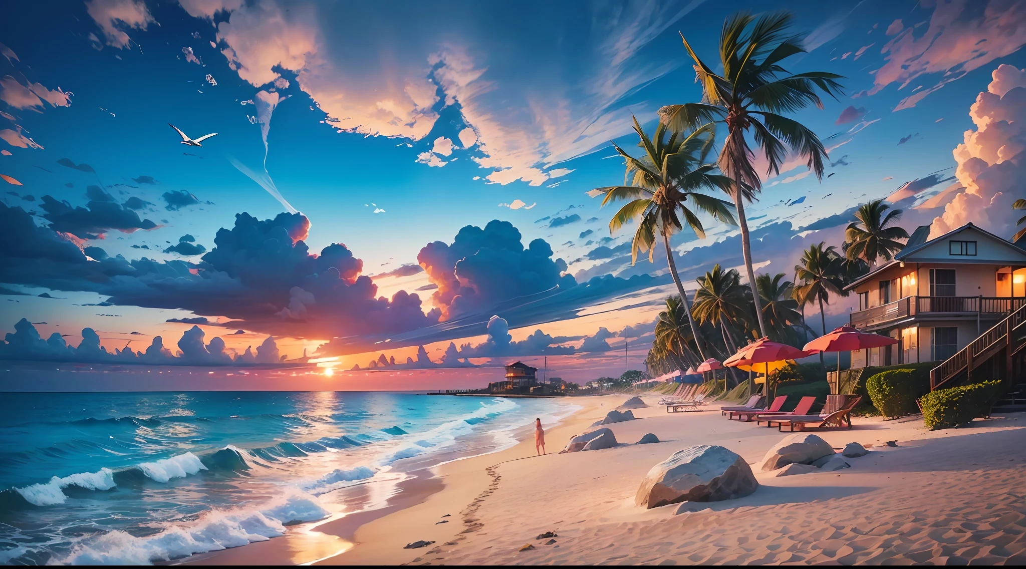 An absolutely mesmerizing sunset over the beach, with a mix of oranges, pinks and yellows filling the sky. The crystal clear waters of the sea gently kiss the shore, with a white sandy beach stretching far and wide. The scene is dynamic and breathtaking, with seagulls flying high in the sky and palm trees gently swaying. Enjoy the relaxing atmosphere and let the peace flood you. --auto --s2