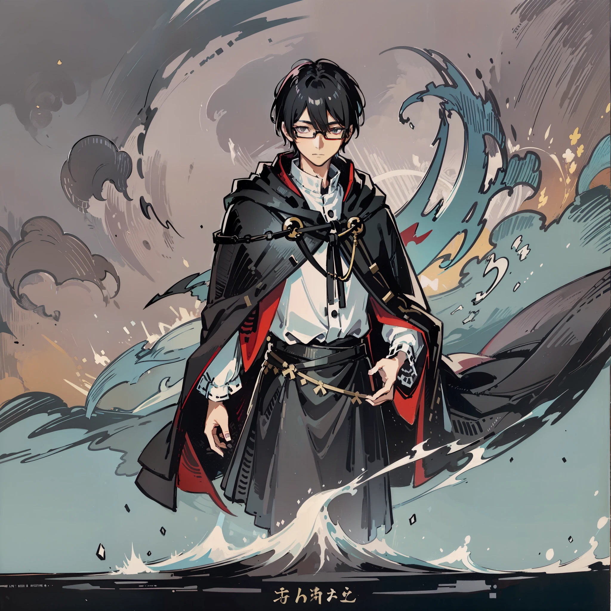 A japanese man with short, black hair. He has dark eyes, and wears a black cloak with a white-button up shirt underneath. He has black-framed glasses. Has rosy cheeks