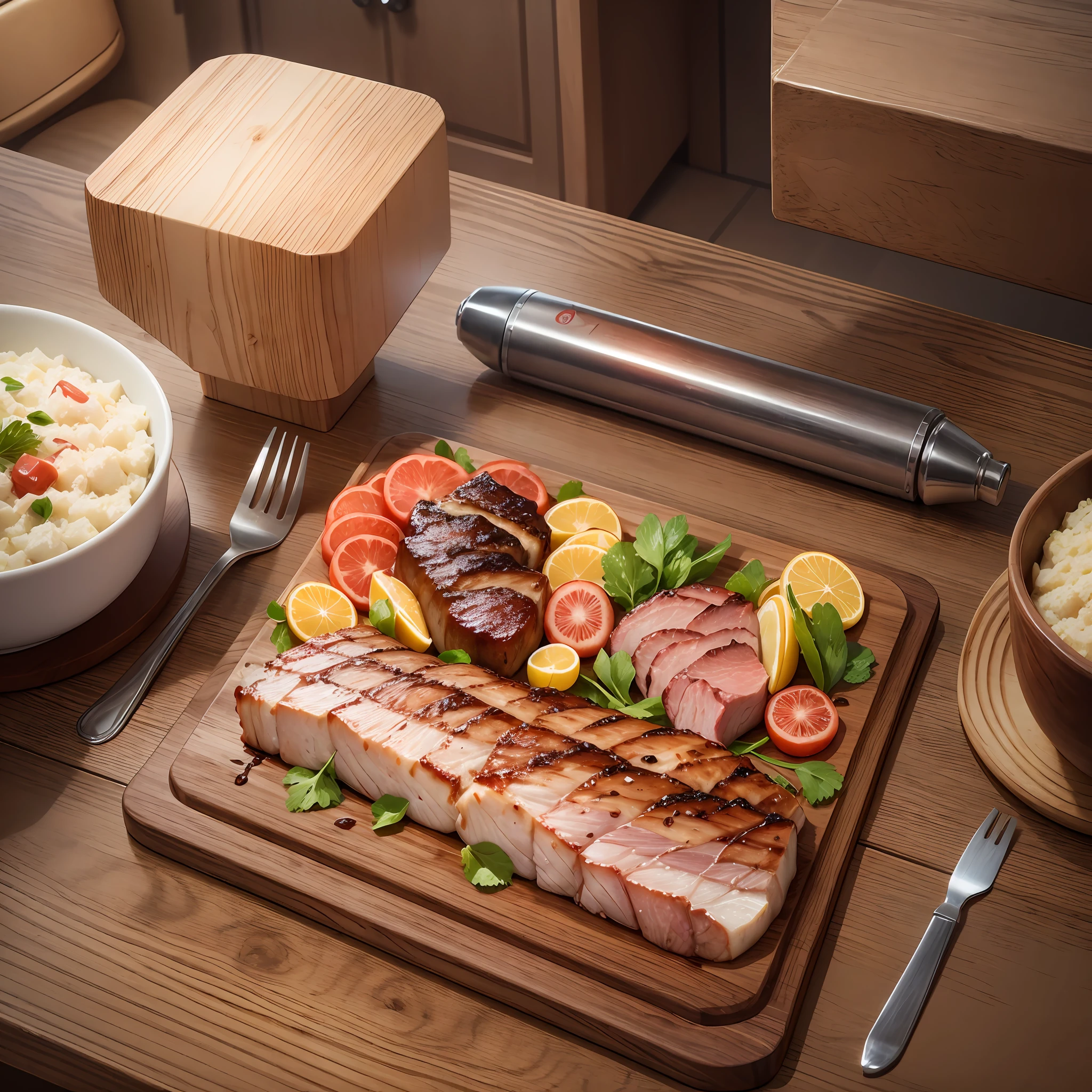 A wooden table with meats on a clear board --auto --s2