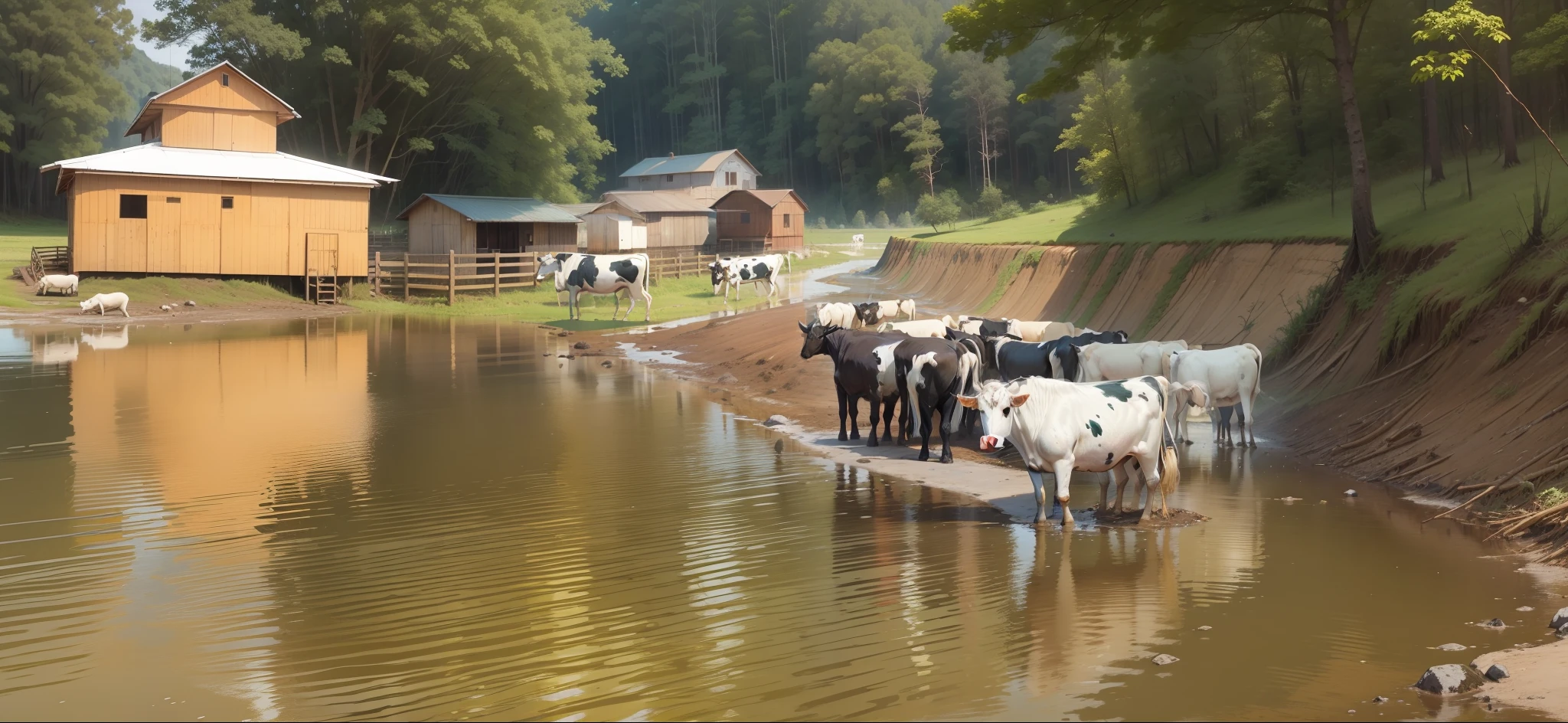 Herd of cows, drinking water, mud road, forest, lake.