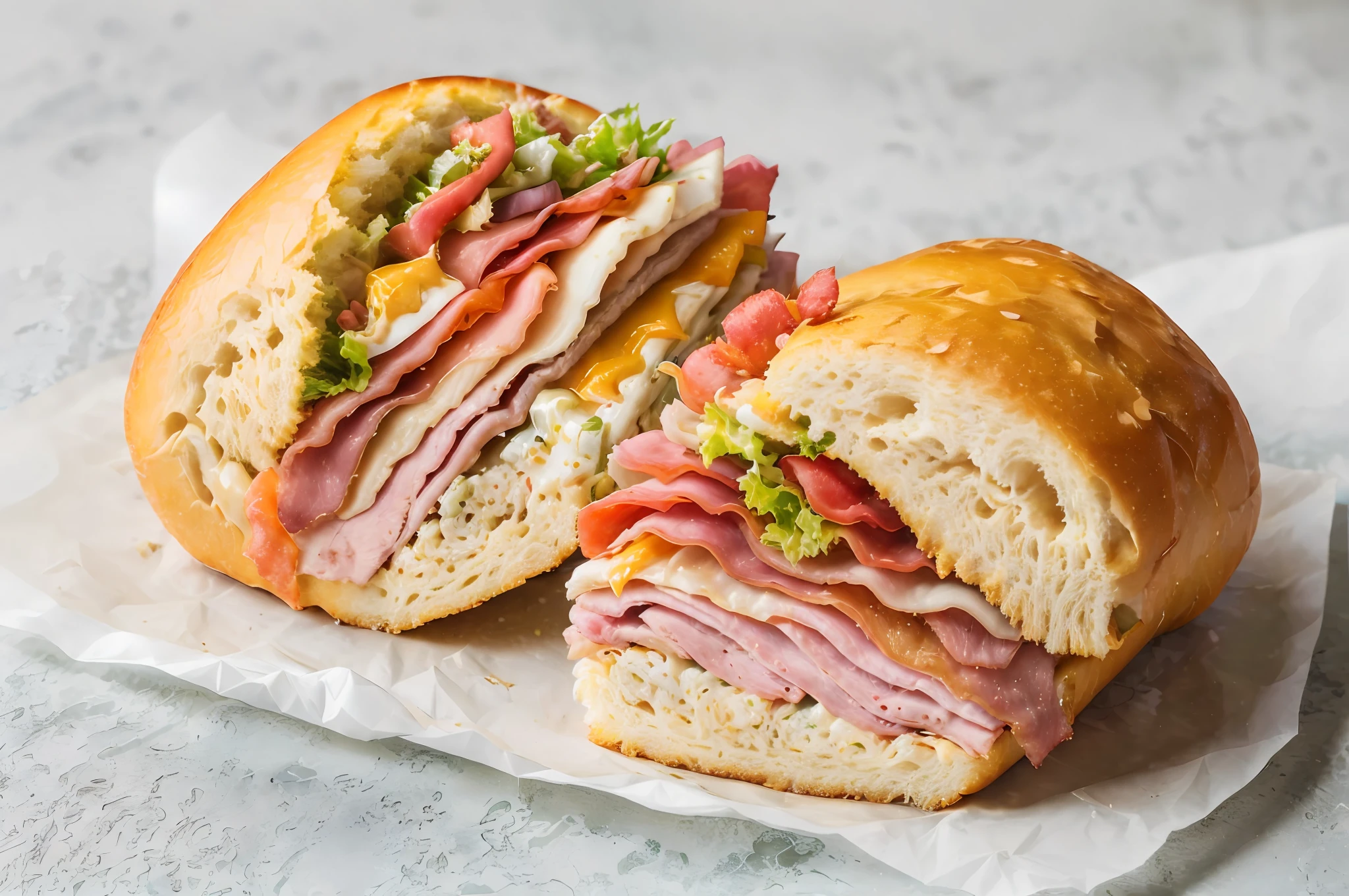 there is a sandwich with meat and vegetables on a piece of paper, sandwich, lunchmeat, panini, smoked layered, professional food photography, ham, extra bacon lettuce and tomato, idyllic, subway, portrait image, soft natural light, highly detailed -, sub tropical, glazed, deeply detailed, extra bacon lettuce and tomatoes, delicacy, highly - detailed