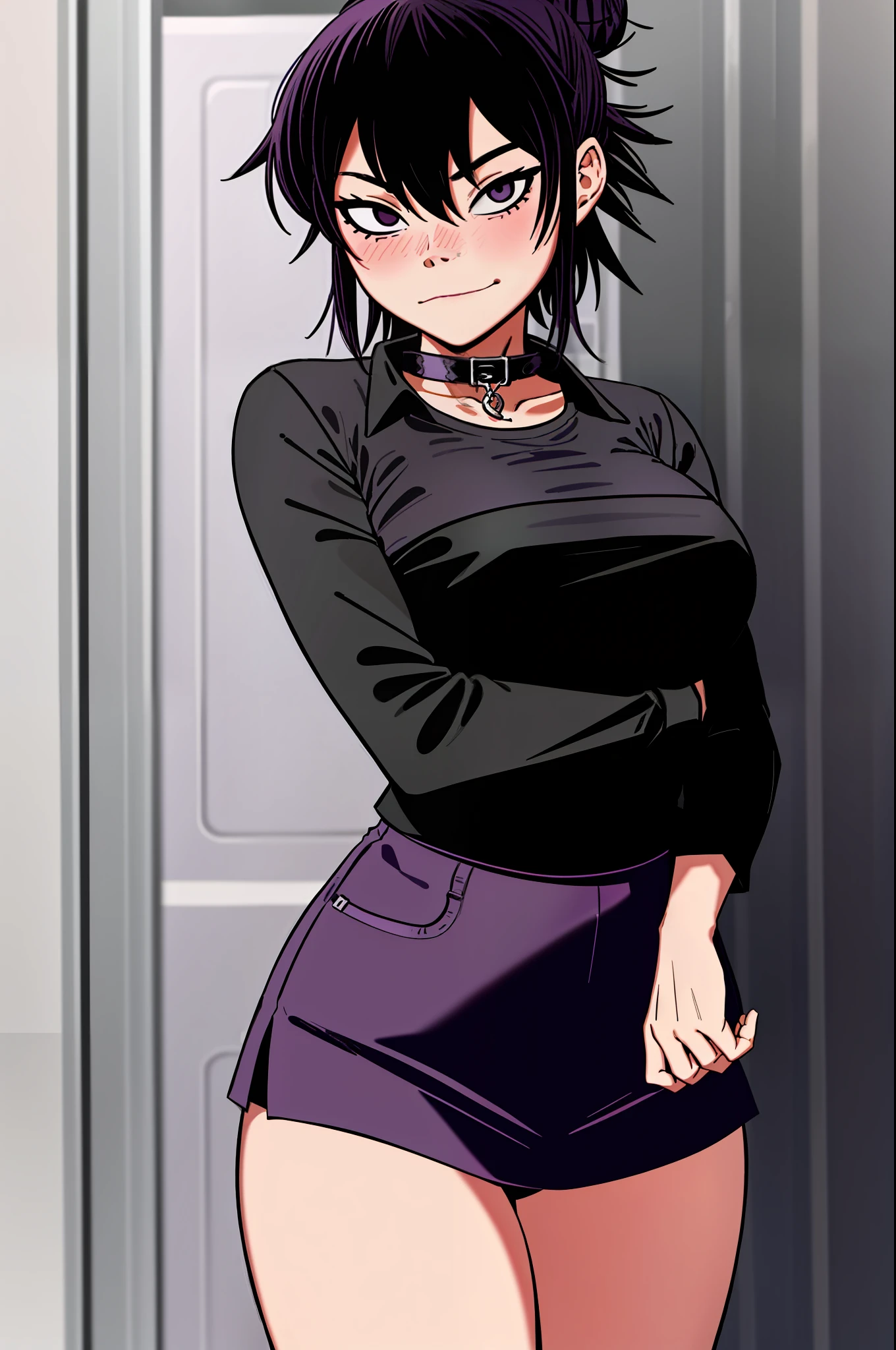 noodles (Gorillaz), masterpiece, best quality, 1girl, solo, hair between eyes, black shirt, hips, shirt, purple hair, skirt, striped, long sleeves, black skirt, layered sleeves, cowboy shot, chain, blush, black thighs, medium hair, looking at the viewer, bangs, short and long sleeves, short sleeves, standing, openwork nets, striped sleeves, closed mouth, alternative costume, pleated skirt, hair bun, collar,  sexy pose, ahegao, blush, tight-fitting clothes, panties