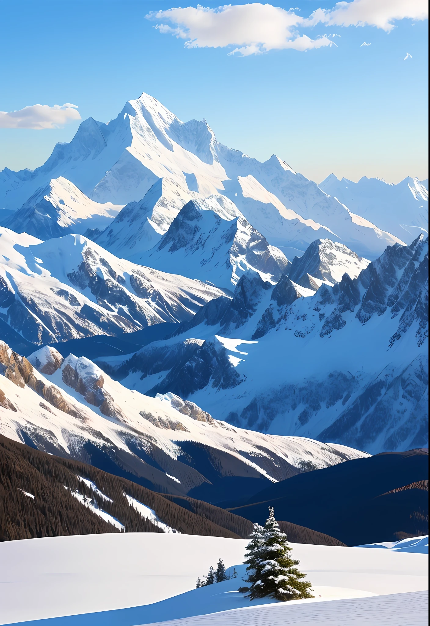 Scenery, snow-capped mountains, small mountains