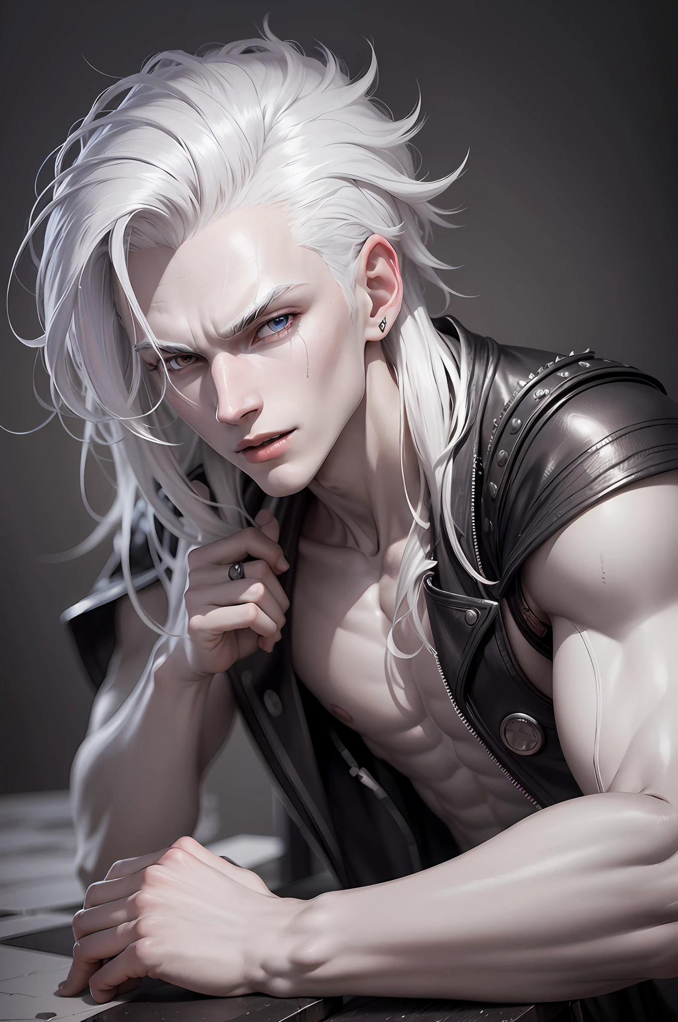 Teenager, happy, happy, gray skin, pale, white hair, gray, (8k), realistic trait, (2d), 3d model, dark clothes, male, drow man, duel, Kor, blue eye