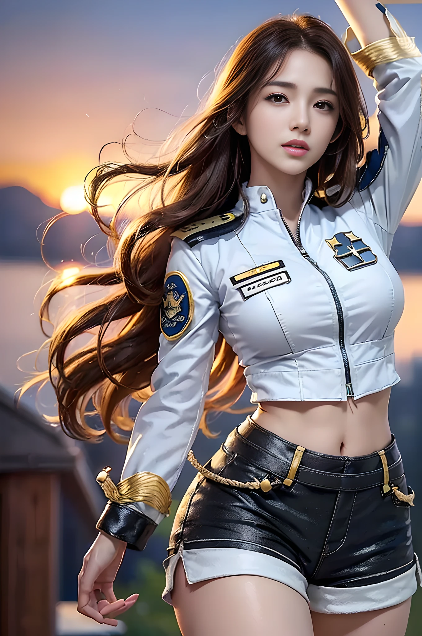 (Best quality, 8k, 32k, Masterpiece, UHD:1.2), (realistic:1.5), (masterpiece, Extremely detailed CG unity 8k wallpaper, best quality, highres:1.2), (ultra detailed, UHD:1.2), Photo of extremely cute and beautiful Japanese woman, (chestnut long wavy hair:1.2), adult, (detailed beautiful girl:1.4), best quality, woman, adult, (detailed US air-force pilot captain uniform:1.3), (white pilot captain shirt:1.3), (black high-waist shorts:1.3), (Beautiful sunset US air force base runway view background:1.2), embarrassed laughing:1, looking at viewer, facing the viewer, ((perfect female body)), (narrow waist:1.2), (upper body image:1.3), slender, abs, (large breasted:1.25), frame the head, wind, dynamic pose, cinematic light, back light, detailed clothes, perfect anatomy, perfect proportion, detailed human body, stylish model pose,