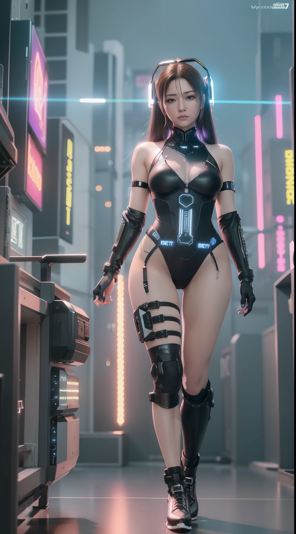 ((Best Quality)), ((Masterpiece)), (High Definition:1.3), 3D, Beautiful (Cyberpunk:1.3) Female hacker with thick voluminous hair Computer terminals, computer servers, LCD screens, fiber optic cables, corporate logos, HDR (high dynamic range), ray tracing, NVIDIA RTX, super resolution, Unreal 5, Subsurface Scattering, PBR Texturing, Post-Processing, Anisotropic Filtering, Depth of Field, Maximum Clarity and Sharpness, Multilayer Textures, Albedo and Specular Maps, Surface Shading, Accurate Simulation of Light-Material Interactions, Perfect Proportions, Octane Rendering, Two-Tone Lighting, Low ISO, White Balance, Rule of Thirds, Wide Aperture, 8K RAW, Efficient Subpixel, Subpixel Convolution, Luminescent Particles, Full Body, Delicate Costume, Erotic, Soft Skin