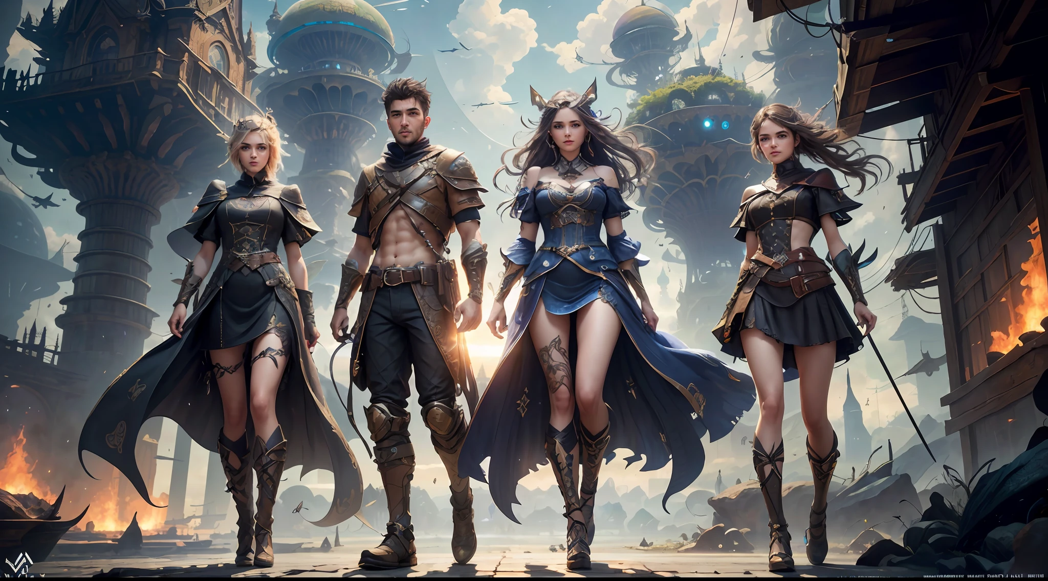 (((Multiplayer, Vivid eyes, men and women))), Best Quality, Realistic, Realistic, Award-Winning Illustrations, (Intricate Details: 1.2), (Fine Details), (Intricate Details), (Cinematic Light, Best Quality Backlight), Clear Lines, Sharp Focus, Official Art, Unity 8k Wallpaper, Ridiculous, Incredibly Absurd, Fantasy Art, RTX, ((Award-winning Triangle Studio Close-up Photo)), 1 Boy, (Shut Up), Best Quality, 4K, beautiful mysterious creatures, female, flying, surrealism, masterpiece by NCWINTERS, in a mysterious country town, masterpiece, intricate details, ff14style, urban painting, bridge, river, giant mushroom, landscape, bright colors, ((((full body image))),