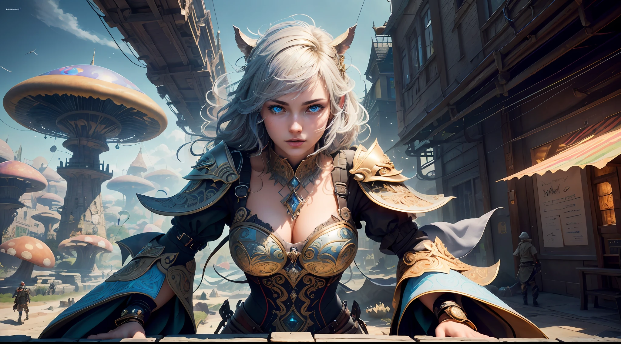 (((Multiplayer, Vivid eyes, men and women))), Best Quality, Realistic, Realistic, Award-Winning Illustrations, (Intricate Details: 1.2), (Fine Details), (Intricate Details), (Cinematic Light, Best Quality Backlight), Clear Lines, Sharp Focus, Official Art, Unity 8k Wallpaper, Ridiculous, Incredibly Absurd, Fantasy Art, RTX, ((Award-winning Triangle Studio Close-up Photo)), 1 Boy, (Shut Up), Best Quality, 4K, beautiful mysterious creatures, female, flying, surrealism, masterpiece by NCWINTERS, in a mysterious country town, masterpiece, intricate details, ff14style, urban painting, bridge, river, giant mushroom, landscape, bright colors, ((((full body image))),