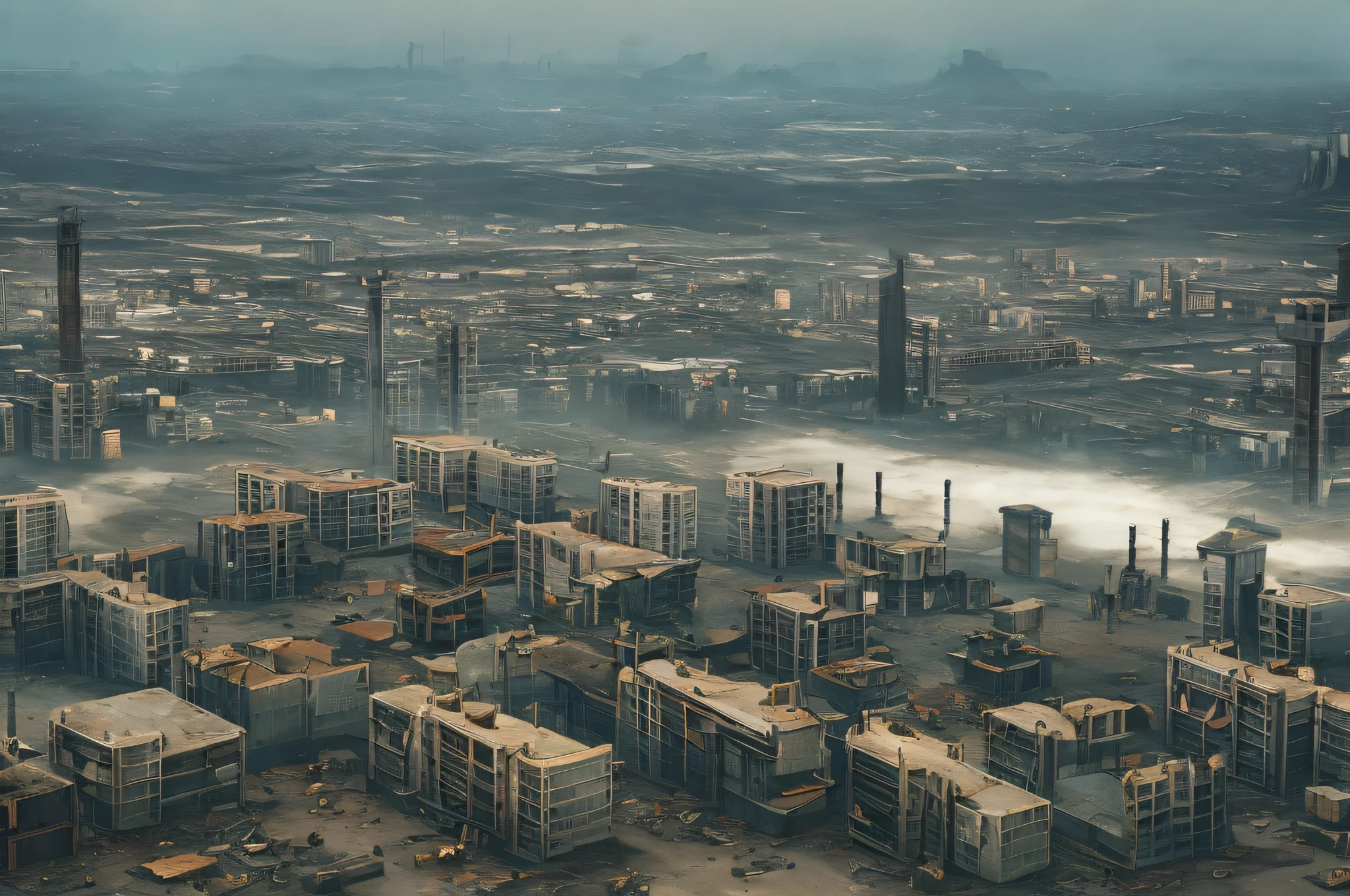 Gloomy, apocalyptic, mysterious, eerie, doomsday city, ruins, gunsmoke, top-down view,