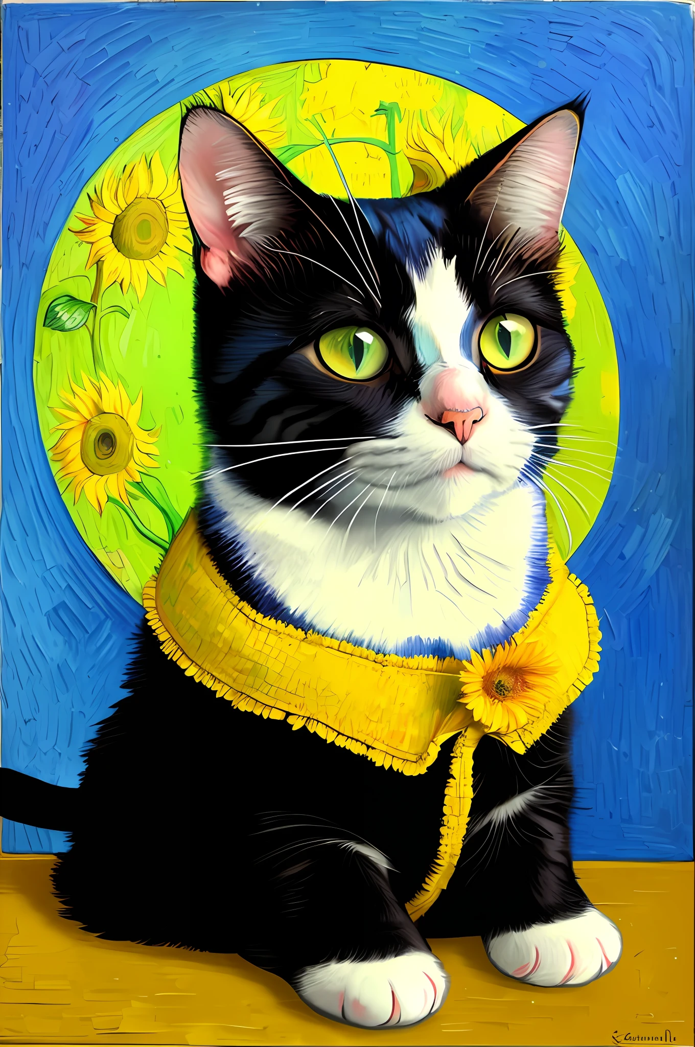 Van Gogh style, cat, oil painting texture, starry moon night in blue part, sunflower inside circle