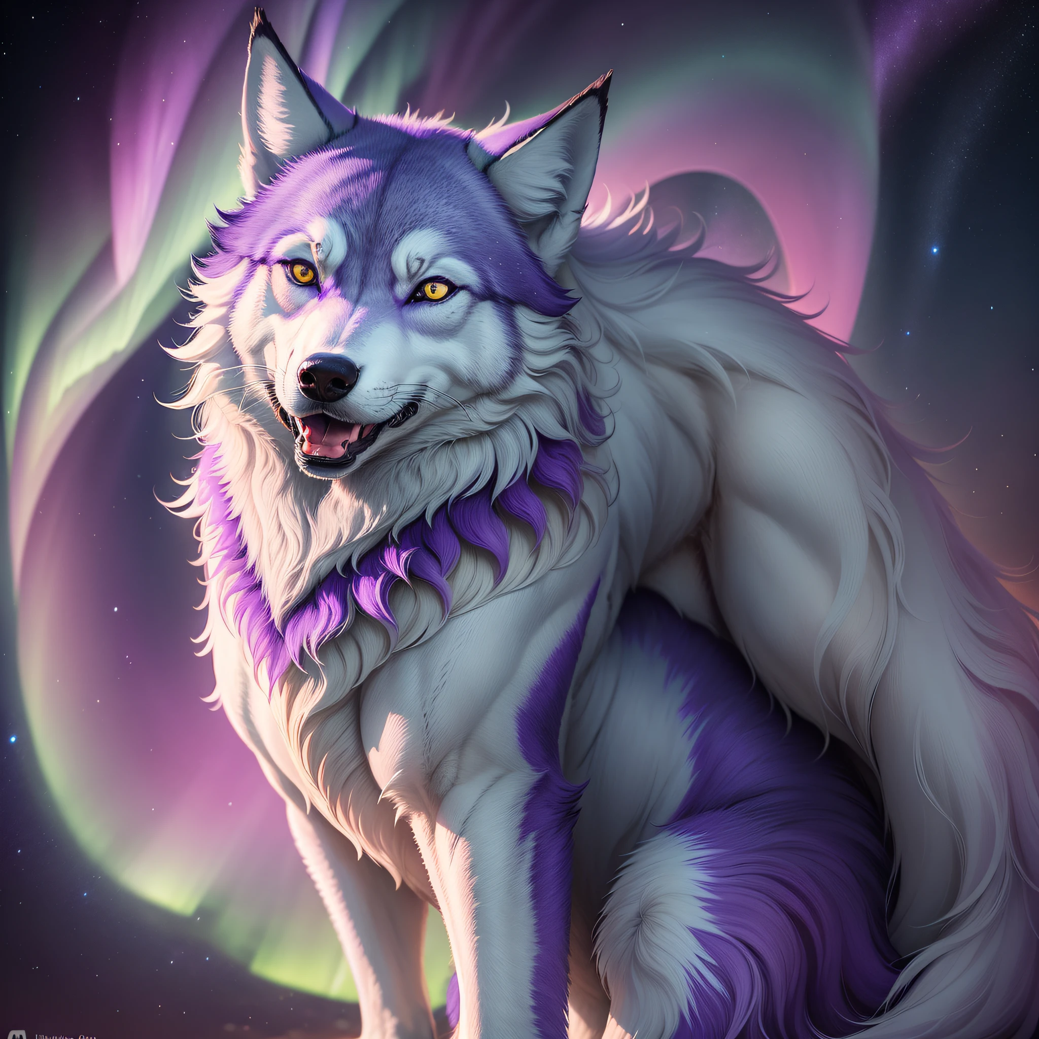 Make a howling wolf in alaska with the background of the purple aurora borealis