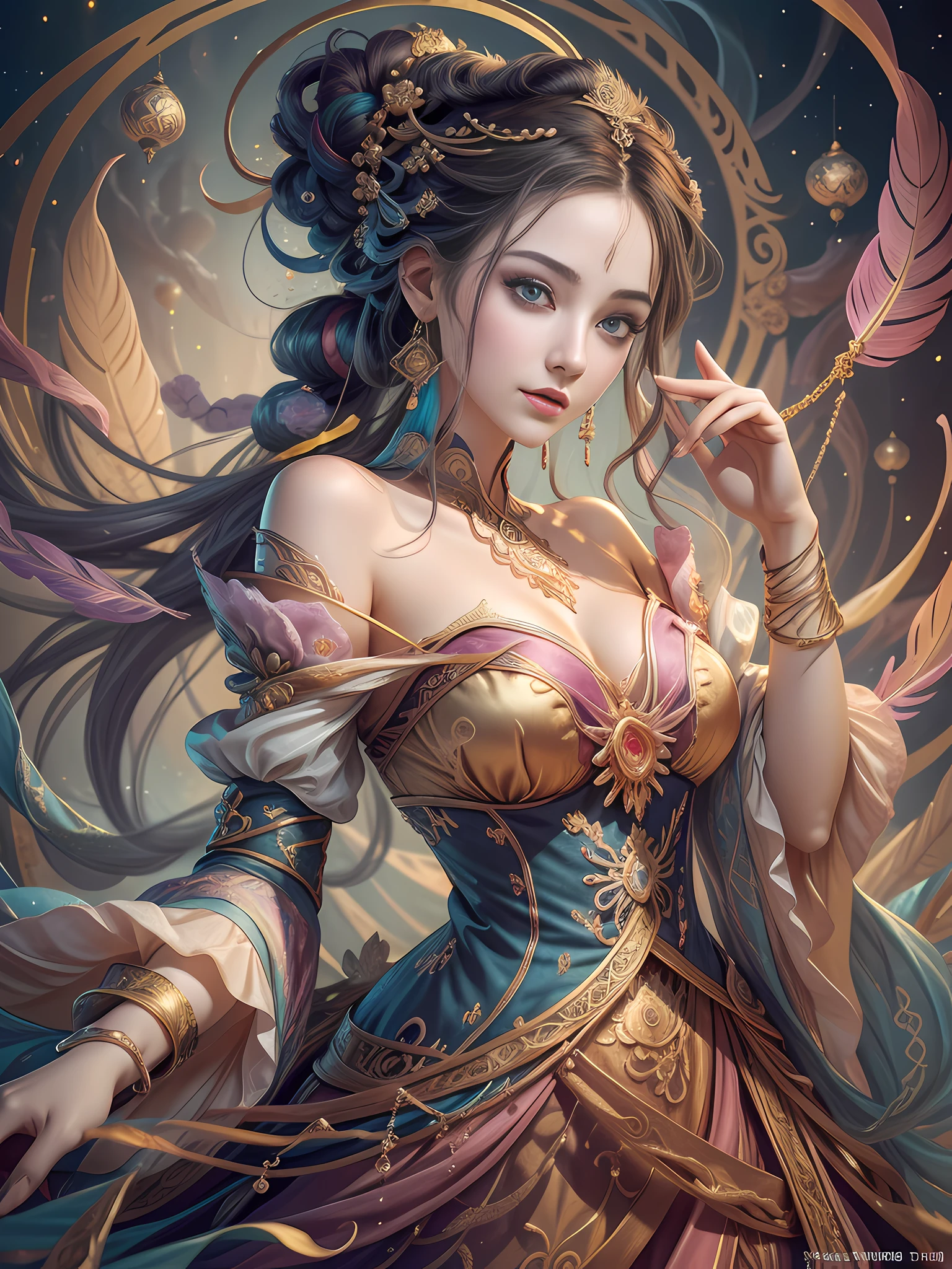 Smooth and dynamic girl, wearing a loose and flowing pink dress, mysterious expression, curly black-pink hair, [Aishwarya Rai], bold and colorful abstract art in a modern and abstract environment, blurred background, bright lights, official art, Unity 8k wallpaper, (zentangle, mandala, tangled, tangled), complex clothes, stroke (whole body, from all directions, masterpiece, top quality, best quality, official art, Beauty and aesthetics: 1.2), very detailed, (fractal art: 1.1), (color: 1.1) (flowers: 1.3), highest detail, (zentangle: 1.2), (dynamic pose), (abstract background: 1.3), (shiny skin), (multiple colors: 1.4), (feathers: 1.5), dynamic angle, most beautiful chaotic forms, elegant, fauvist design, bright colors, romanticism, dark style beautiful princess of the underworld spooky bad smile complex tattoos Anime 3D Art Style 3D Dark Night Deep Black Sky Horror ((Cold Complex Skull Accessories )) (Guvez style artwork) ((Black Chinese-style underground palace with huge complex structure in background)) Leica lens Depth of field (Masterpiece, top quality, best quality, official art, Beauty and Aesthetics: 1.2), (1girl: 1.3), (Fractal Art: 1.3) (Masterpiece, Top Quality, Best Quality, Official Art, Beauty and Aesthetics: 1.2), (1girl), Extreme Detail, Colorful, Highest Detail, Official Art, Unified 8k Wallpaper, Ultra Detailed, Beautiful and Aesthetic, Beautiful, Masterpiece, Best Quality, (Zentangle, Mandala, Tangled, Entangle), Holy Light, Gold Leaf, Gold Foil Art, Glitter Drawing, PerfectNwsjMajic M Desfi masterpiece, the best quality, hair becomes fire, hair is on fire, fantasy, (Ray: 1.05), Orange Light Particles, Landscape, Fire, Beautiful and Detailed Explosion, Beautiful Detailed Glow, Flame Burning Around, Flame Burning Around, Fire Feather, Burning, Ash, (Red Sun: 1.05), (Flame Around Character: 1.1), Solo, Crazy Smile, (Detail: 1.05), High Resolution Illustration, Radiant Skin, Colorful, (Ultra Fine: 1.1), (Illustration: 1.05), (Detail Light: 1.05), (Extremely Delicate Beautiful: 1.1), Beautiful Detail Girl, Depth of Field, White_long_hair, orange_eyes, eyelashes, dark eyelashes, eyeliner, soft glowing eyes, (masterpiece, top quality, best quality, official art, beauty and aesthetics: 1.2), (1girl: 1.3), very detailed, (fractal art: 1.1), (color: 1.1) (flowers: 1.3), most detailed, (zentangle: 1.2), (dynamic pose), (abstract background:1.3), (shiny skin), (many colors:1.4), ,(earrings), (feathers:1.5), (flamethrower:1.3), red background, phoenix skirt, (masterpiece, top quality, best quality, official art, Beauty and Aesthetics: 1.2), (1girl: 1.3), (fractal art: 1.3), Masterpiece, (Best quality: 1.2), (Ultra Fine: 1.2), Illustration, (Extremely delicate and beautiful: 1.2), Cinematic angle, floating, (Beautiful detail eyes: 1.1), (Detail light: 1.1), Cinematic lighting, exquisite sky, woman, white hair, blue eyes, (high ponytail: 1.1), cape, glowing eyes, (moon: 1.2), (moonlight: 1.1), starry sky, (light particles: 1.1), fog, snow painting, sketching, blooming,anime girl in white dress with flowing hair and stars, Guvez style artwork, fantasy art style, beautiful digital artwork, beautiful character painting, Yang J, beautiful digital illustration, stunning digital illustration, 8k high quality detail art, li song, guvitz, digital fantasy art), beautiful fantasy art, trending on cgstation, (masterpiece, top quality, best, official art, beautiful and aesthetic, Long exposure: 1.2), smooth movement, charming pattern, (long skirt with sleeves: 1.3), upper body close-up, no shoulders, chinese girl, blush, black lob hair, portrait, solo, upper body, gaze observer, detailed background, detailed face, (crystallineAI, crystalline theme:1.1), dynamic pose, floating particles, ethereal power, vapor, ethereal atmosphere, official art, unified 8k wallpaper, Beauty and Aesthetics, Masterpiece, Best Quality, (Zentangle, Mandala, Tangled, Entangled), (Fractal Art: 1.3), 1girl, Very Detailed, Dynamic Angle, Cowboyshot, Most Beautiful Forms Chaotic, Elegant, Fauvist Design, Bright Colors, Romantic, Atmospheric, Ecstatic Notes, Streaming Notes Visible, Sparkle, Bloom, Anaglyph, Glowing Light, cinematic lighting, projected inset, character chart, UHD, masterpiece, super detail, textured skin, high details, high qualit award winning, best quality-V6 --q2 --s750