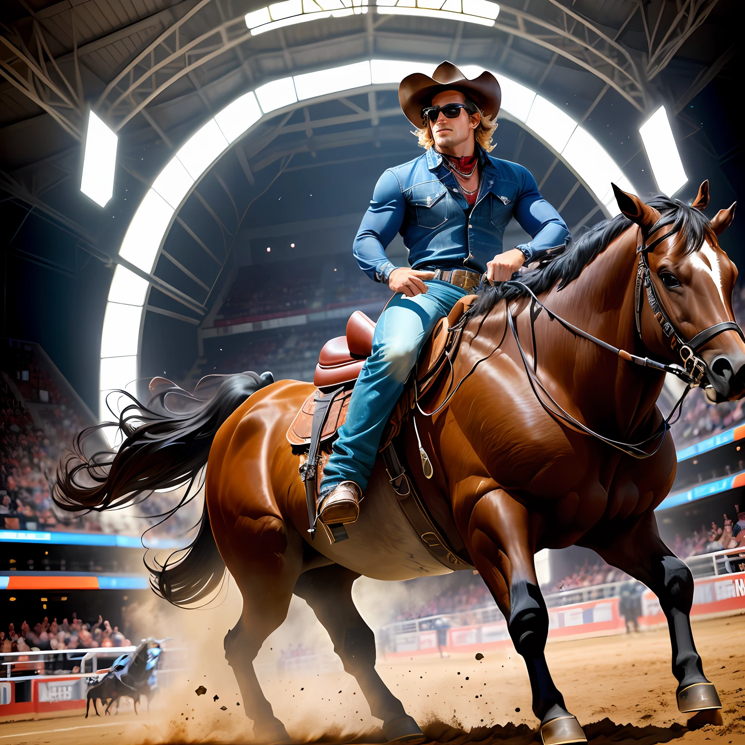 Rodeo bull being ridden by a futuristic cowboy
